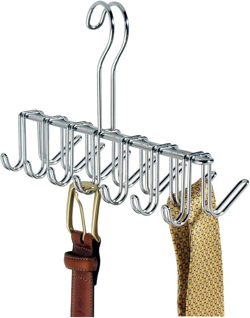 iDesign Tie and Belt Hanger with 14 Hooks, Handy Metal Tie Rack for Wardrobe or Closet, Practical Wardrobe Hanging Storage for Handbags and Small Scarves, Silver