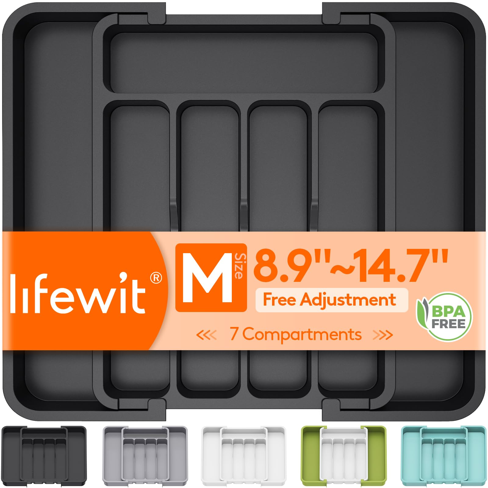 Lifewit Cutlery Organizer, Expandable Utensil Organizer for Kitchen, Utensil Holder, Adjustable Cutlery Tray Drawer Organizer for Spoons, Knives, Kitchen Organizers and Storage, Black