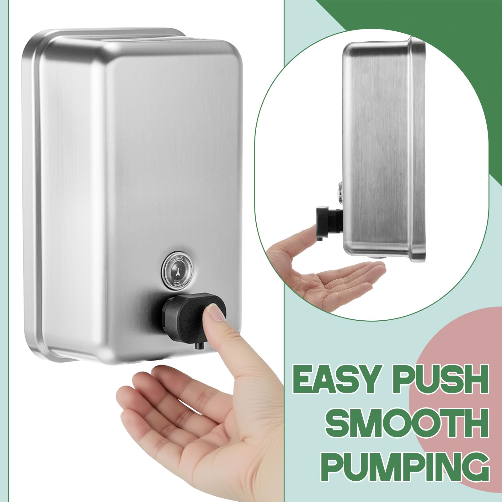 Maxdot Dispensador de jabón comercial de acero inoxidable para montaje en pared, 38 onzas/1100 ml, con bomba manual antifugas para el hogar, baño, accesorios de cocina