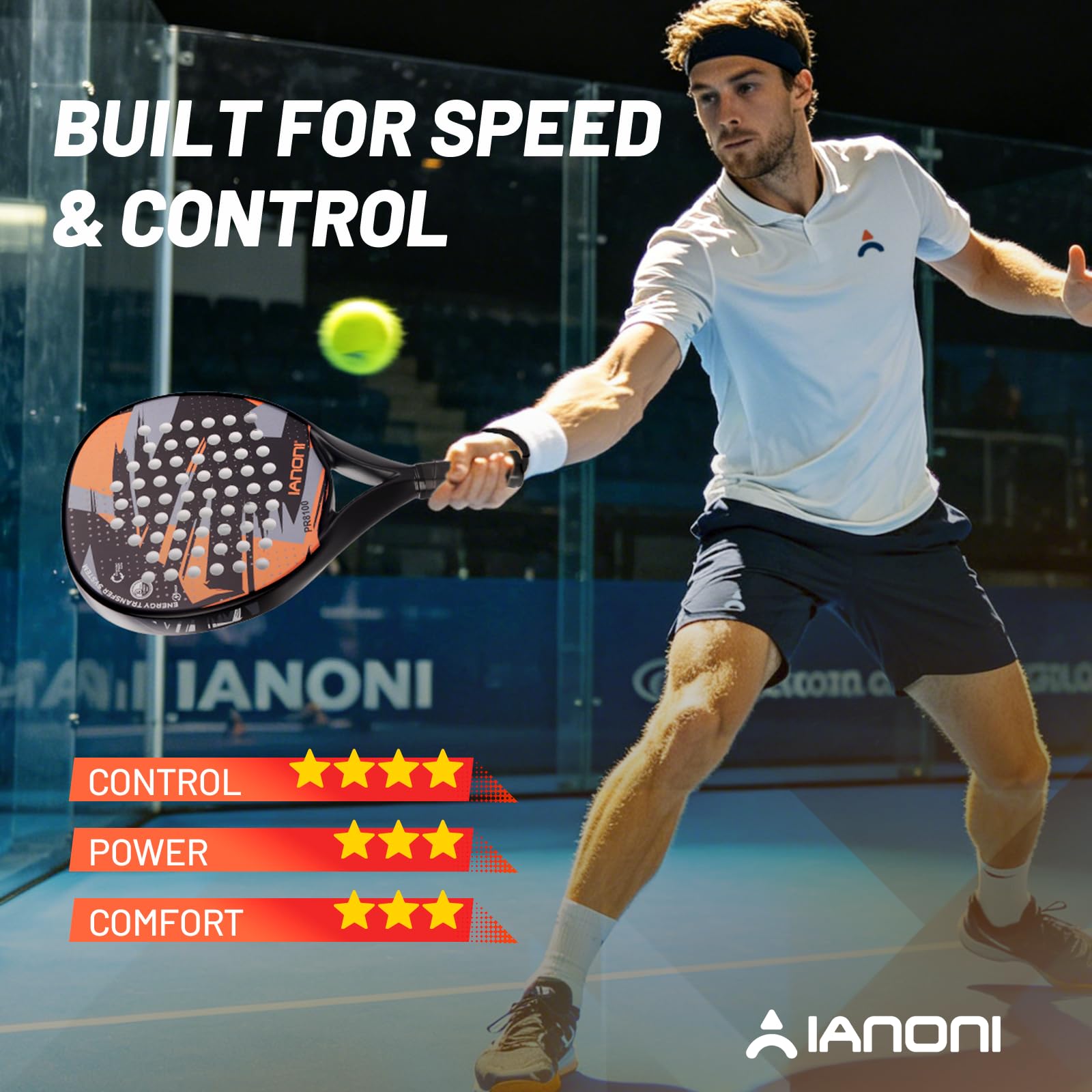 IANONI Racchetta da padel con superficie in fibra di carbonio con nucleo in schiuma EVA Memory Flex Foam Racchetta da tennis Paddle Paddle Racchetta da tennis - 8100 grigio-arancione