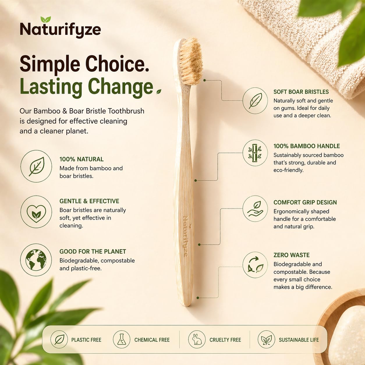 Cepillo de dientes de cerdas de jabalí y bambú (paquete de 4) - Cerdas auténticas de jabalí - Biodegradable - Sin plástico - Cerdas de bambú y jabalí