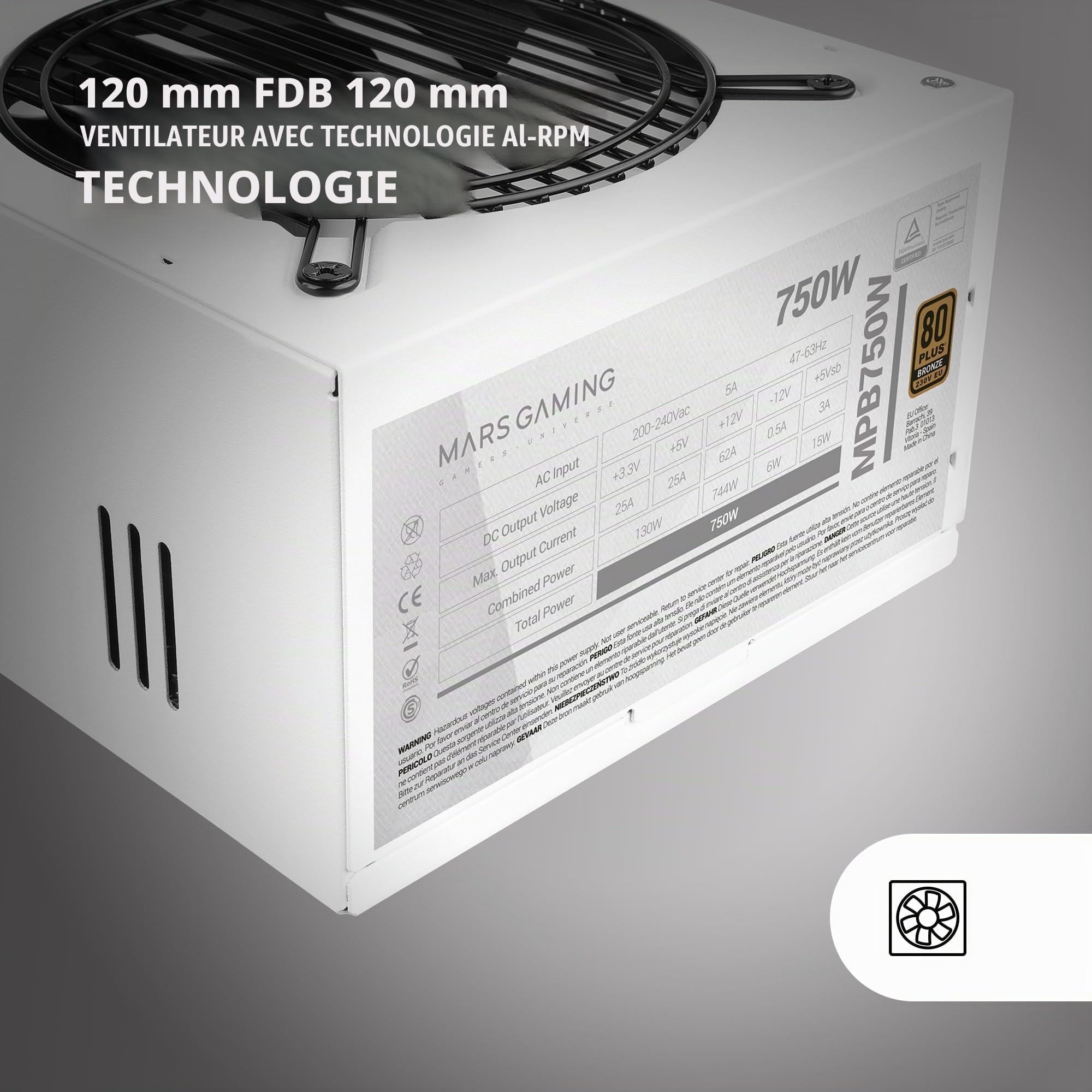 Mars Gaming MPB750, Alimentation PC 750W ATX, 6 Ans de Garantie, 80Plus Bronze 230V EU, 90% d'Efficacité, Ventilateur 120mm FDB avec Technologie AI-RPM et Système Anti-Vibration, Blanc