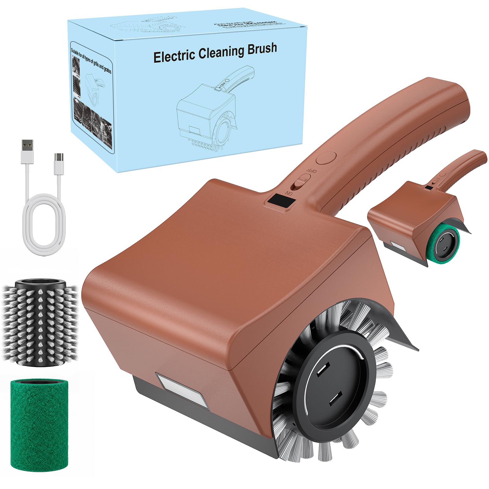 Electric Grill Brush Rechargeable Grill Cleaner 3 Heads 2 Speed 2000 RPM Torque 80KG BBQ Cleaning Brush with Safety Lock Submersible 304 SS Head Splash-Proof Scrubbe IPX7 Waterproof Land Brown