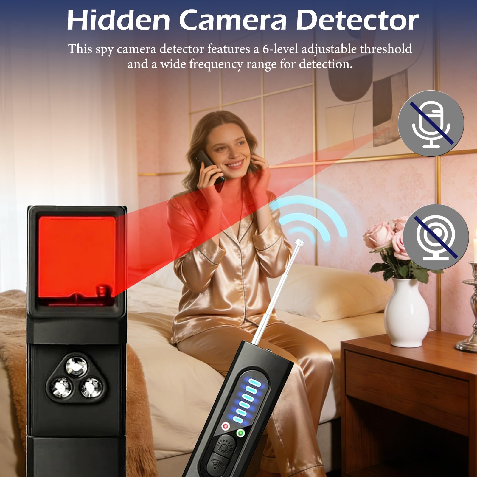 Détecteur de Caméra Cachée 4-en-1 avec Détection de Micro Espion & Traceur GPS Balayage Optique LED IR 5 Niveaux de Sensibilité Alarme Sécurité Anti-Espionnage pour Maison Bureau Hôtel Voyage