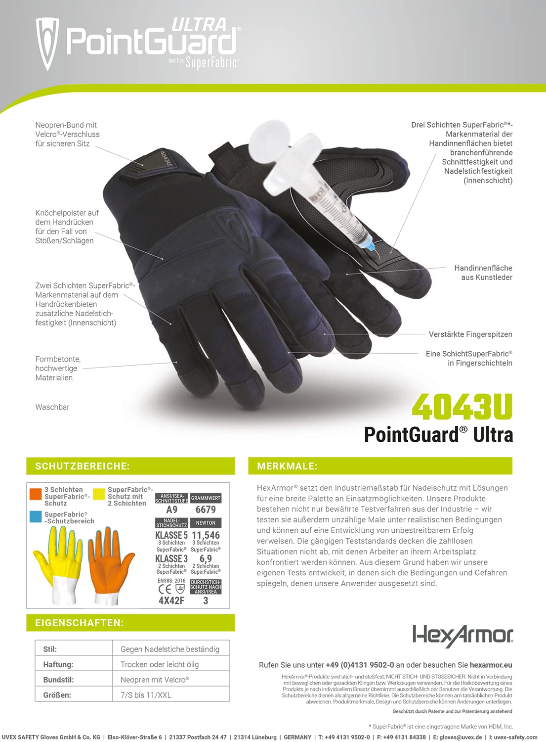 HexArmor PointGuard Ultra 4043 Men's Protective Needle Stitch Gloves Size 11, Black, 11/XXL - Image 3