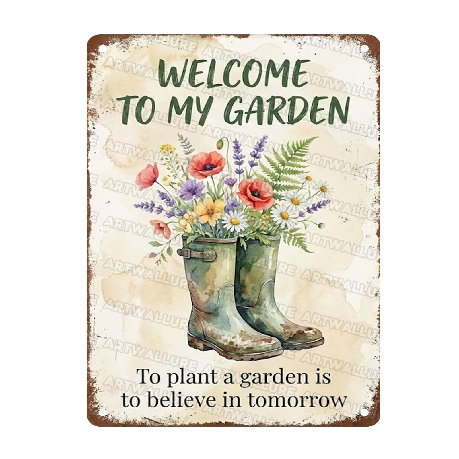 Garden Sign Floral Metal Tin Sign Watercolor Wildflower Rain Boot Welcome Wall Decor To Plant a Garden is to Believe in Tomorrow Sign for Women Mom Grandma Garden Gate 12x16Inch