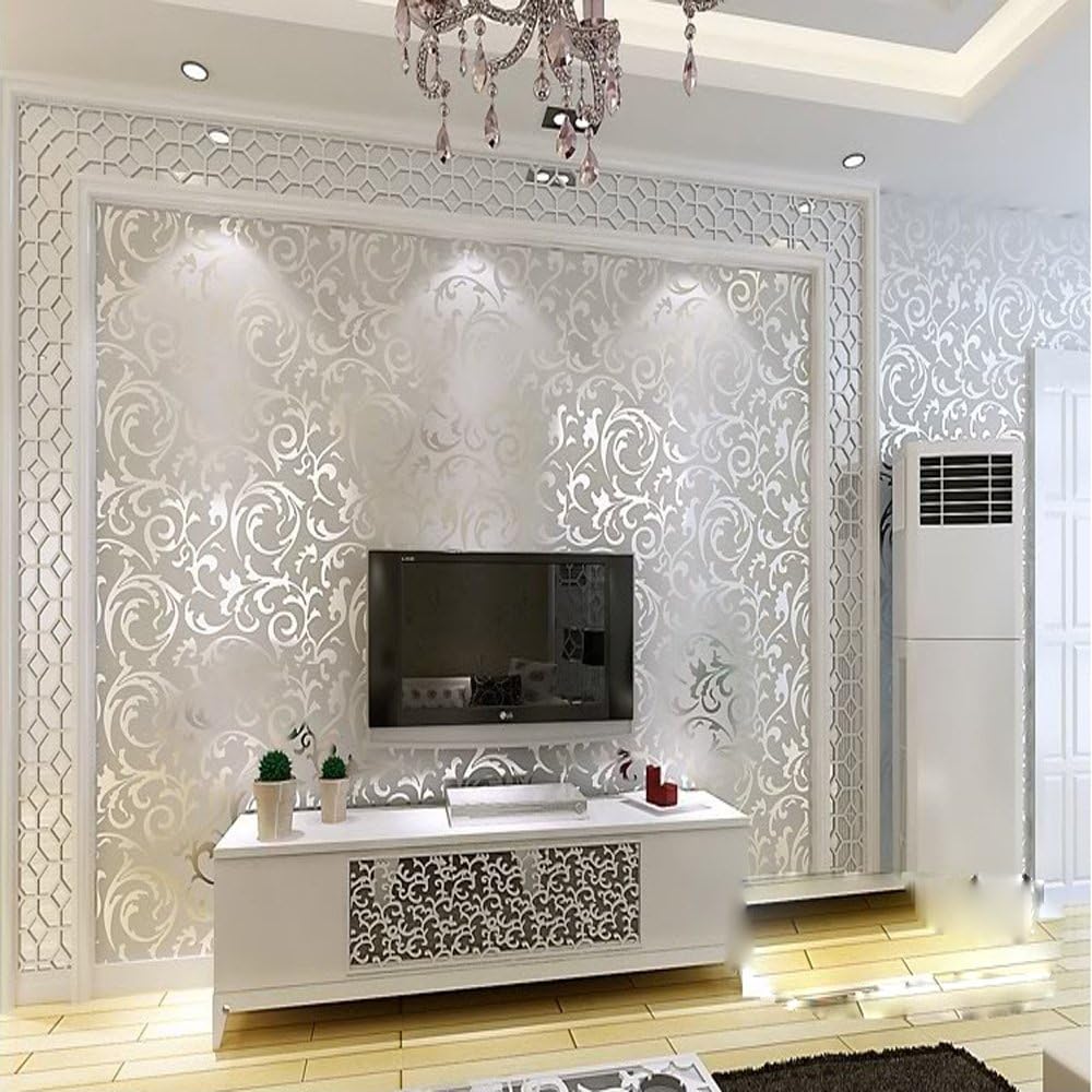 Sliver Gray Victorian Damask Embossed Textured Wallpaper 0.53m x 10m=5.3㎡