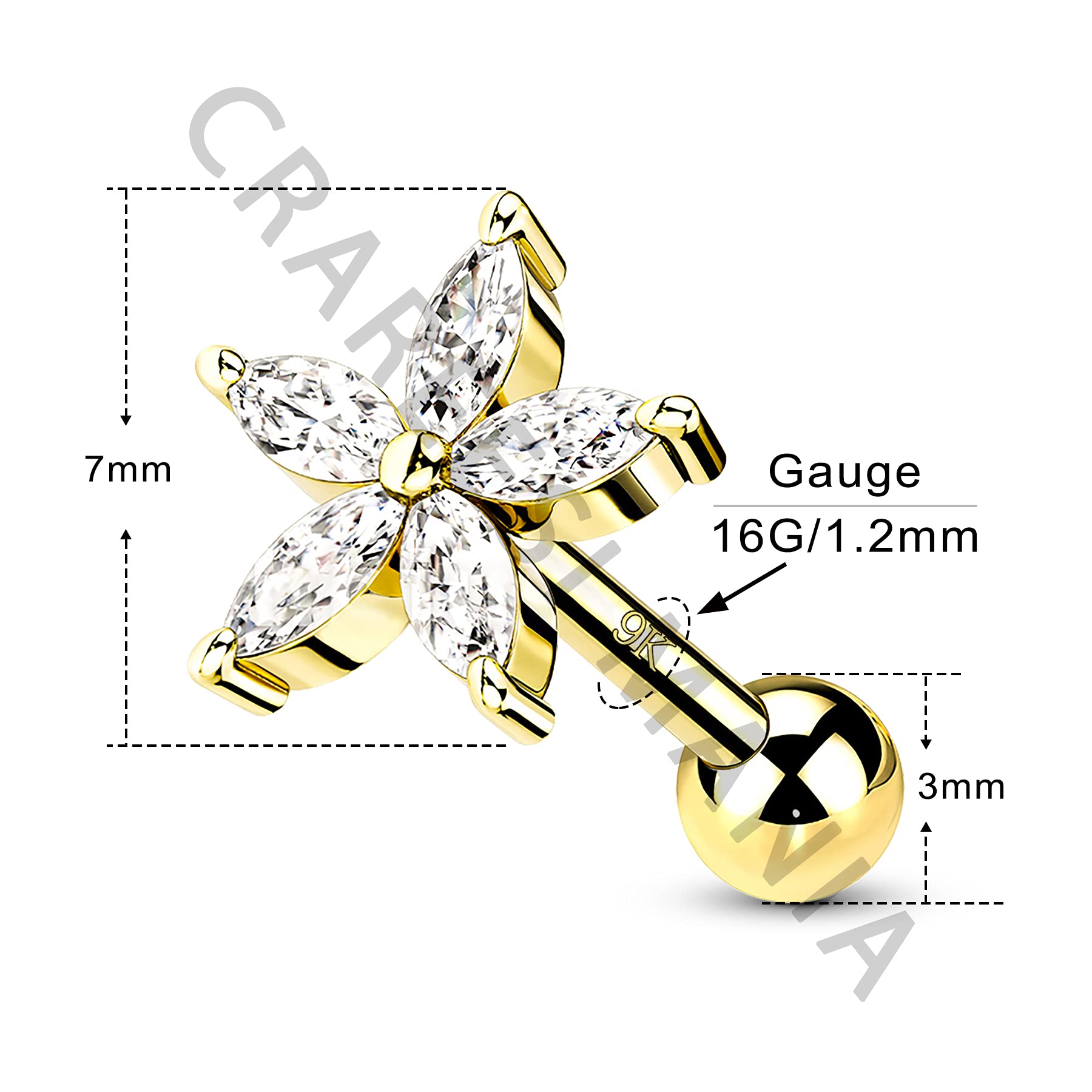 CM Crareesi Mania Orecchini a elica in oro giallo massiccio 9 K a forma di fiore, 16 G, per cartilagine, 6 mm, orecchini a perno con zirconia cubica trasparente, per ragazze