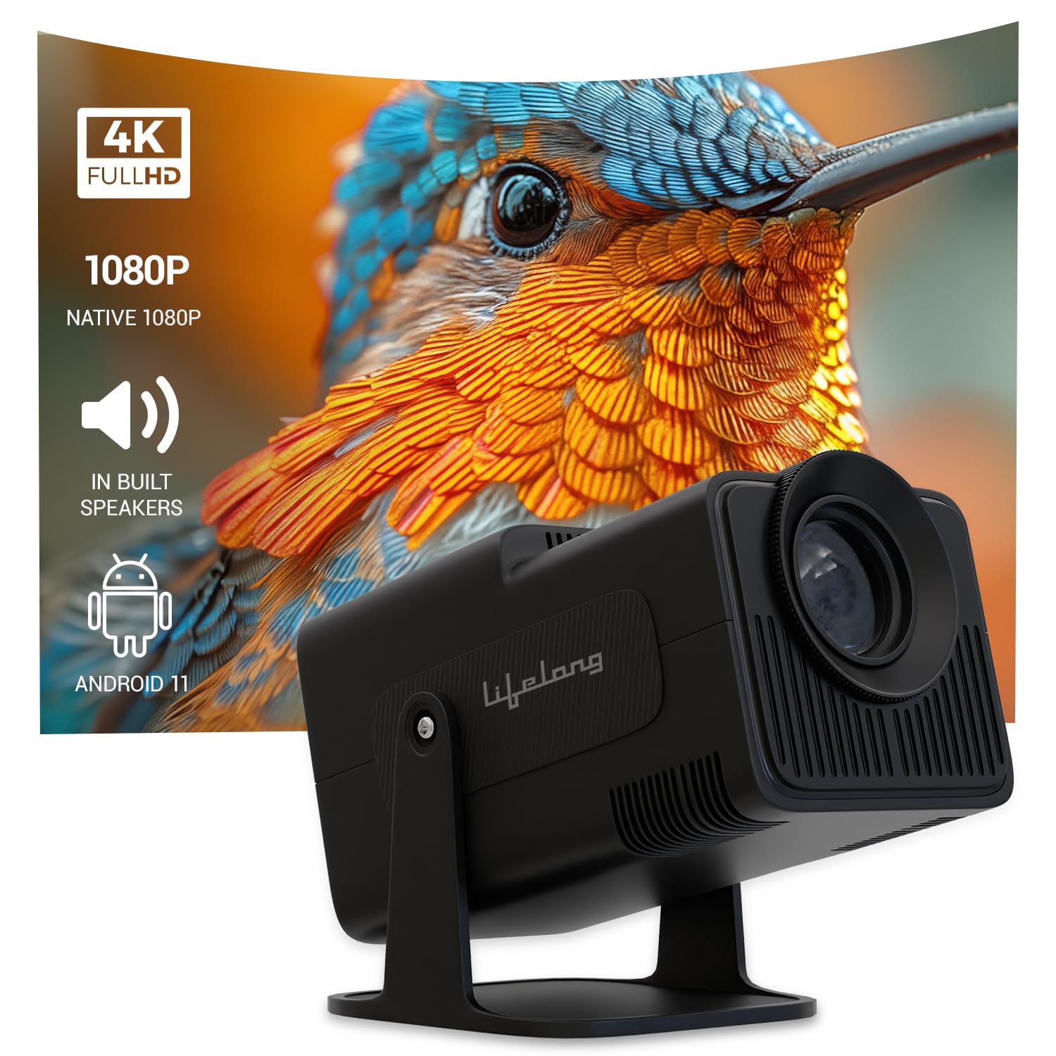 Lifelong Electronics LightBeam Pro Smart Projector | Android, 1080P HD Native & 4K Ultra HD Support, 4000 Lumens | for Room & Outdoors | All OTT Apps | WiFi/BT, Mirroring, HDMI, 180°, Speakers