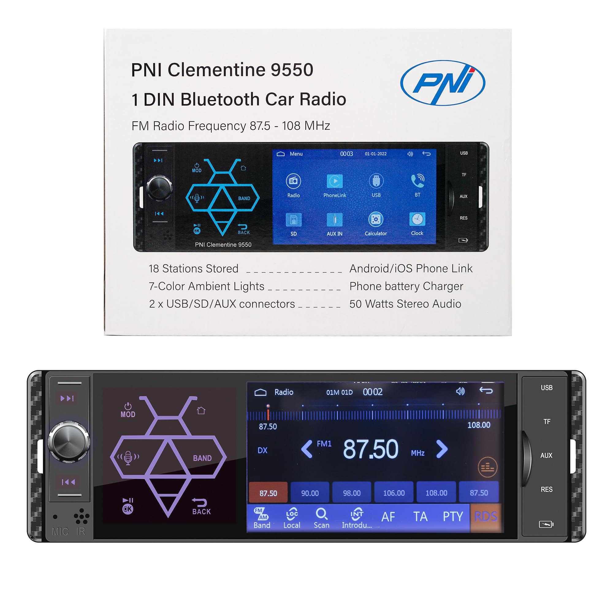 Samochodowy odtwarzacz MP5 PNI Clementine 9550 wyświetlacz 1DIN 10.2 cm 50Wx4, Bluetooth, radio FM, Carplay, funkcja RDS