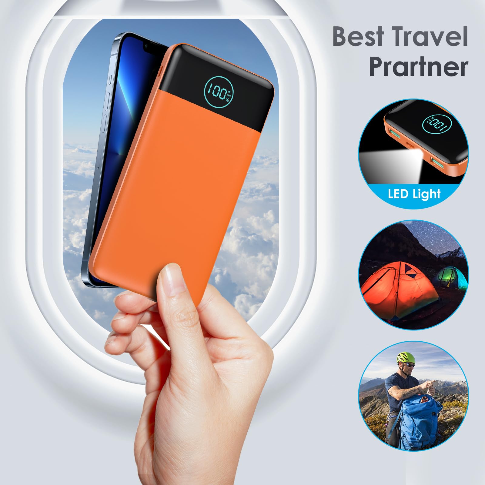 AXNEB Power Bank 13800mAh,Ultra Sottile & Leggero Caricatore Portatile con Display LCD,3A PD USB C Ingressi&Uscite Powerbank con Torcia LED Batteria Esterna per iPhone Samsung Huawei Xiaomi-Arancio