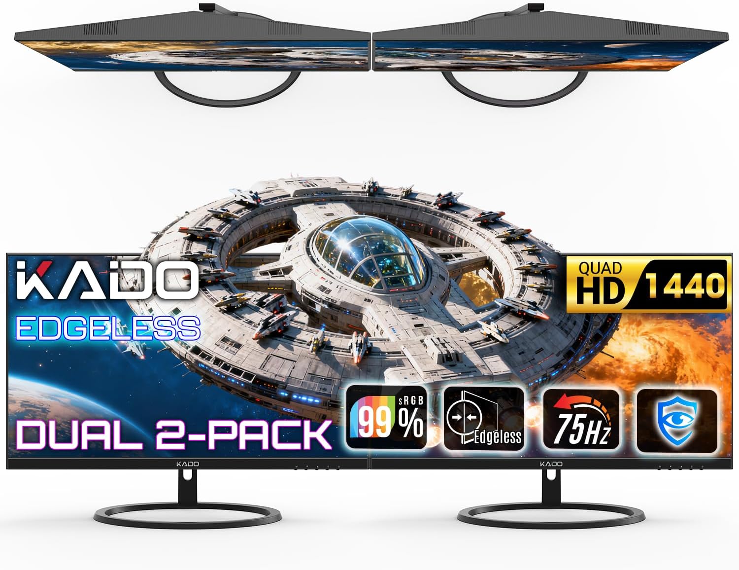 Kado Dual Monitor Setup - 2-Pack 27-inch 2560x1440 QHD IPS Computer Monitor 75Hz Edgeless VESA Mount HDMI Office Gaming Built-in Speakers