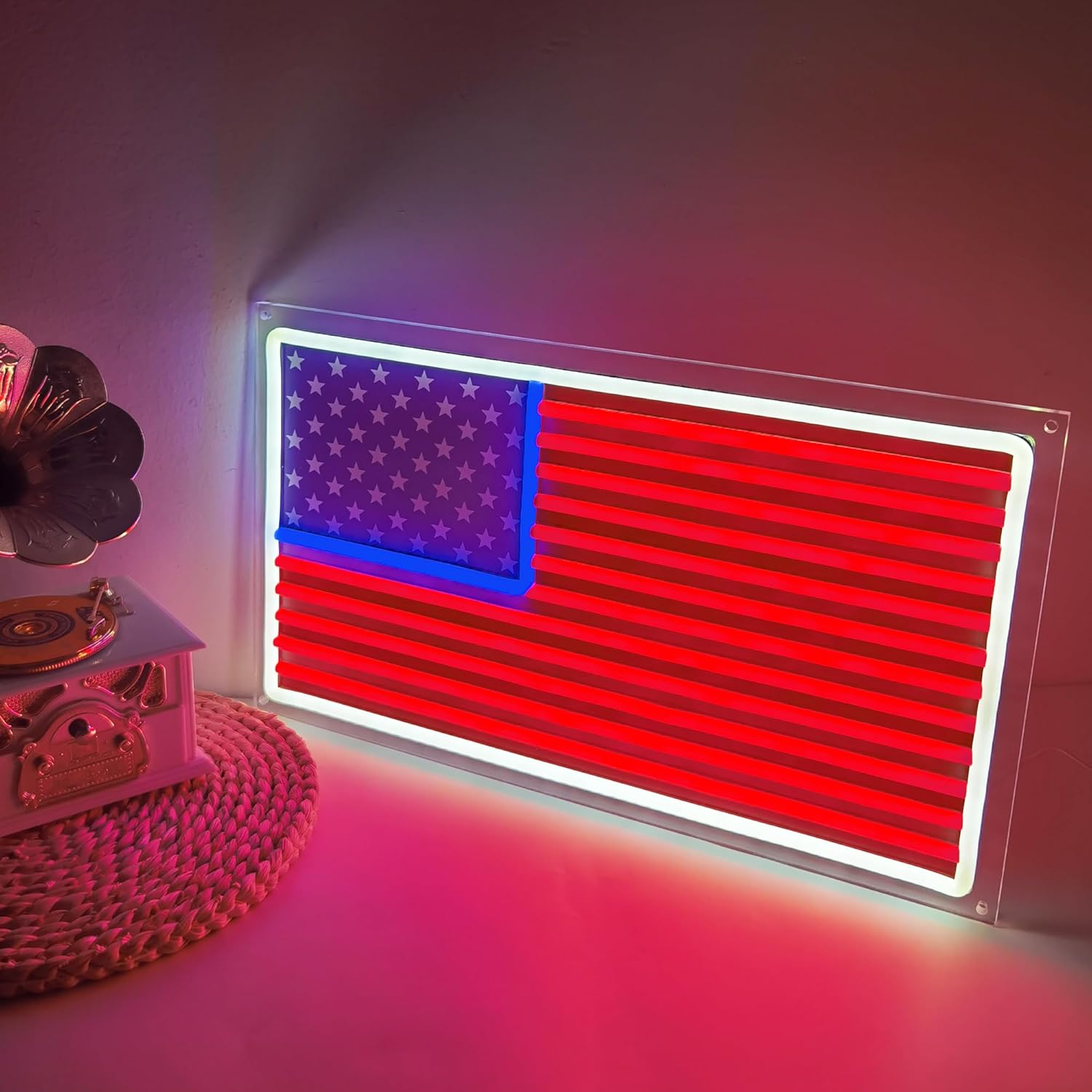 ENUOLI LED Neon Light American Flag with Chain & Hooks, USA Flag Neon Signs Independence Day Light up Room Neon Sign Patriotic Light Wall Art Living Room Decor for Home Bedroom Office Table Art Gifts Idea