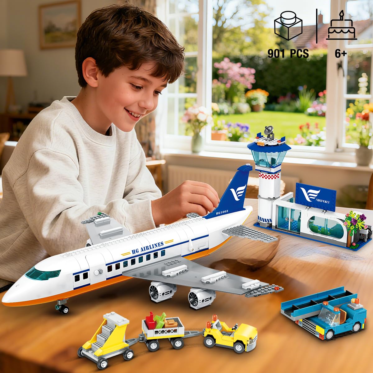 CUBIMANA 53.5CM Großes Passagierflugzeug Bausatz mit LED-Licht für Kinder | 2 Gepäckwagen, Terminal & Radarturm, Weihnachts- und Geburtstagsgeschenk für Erwachsene und Kinder ab 6 Jahren