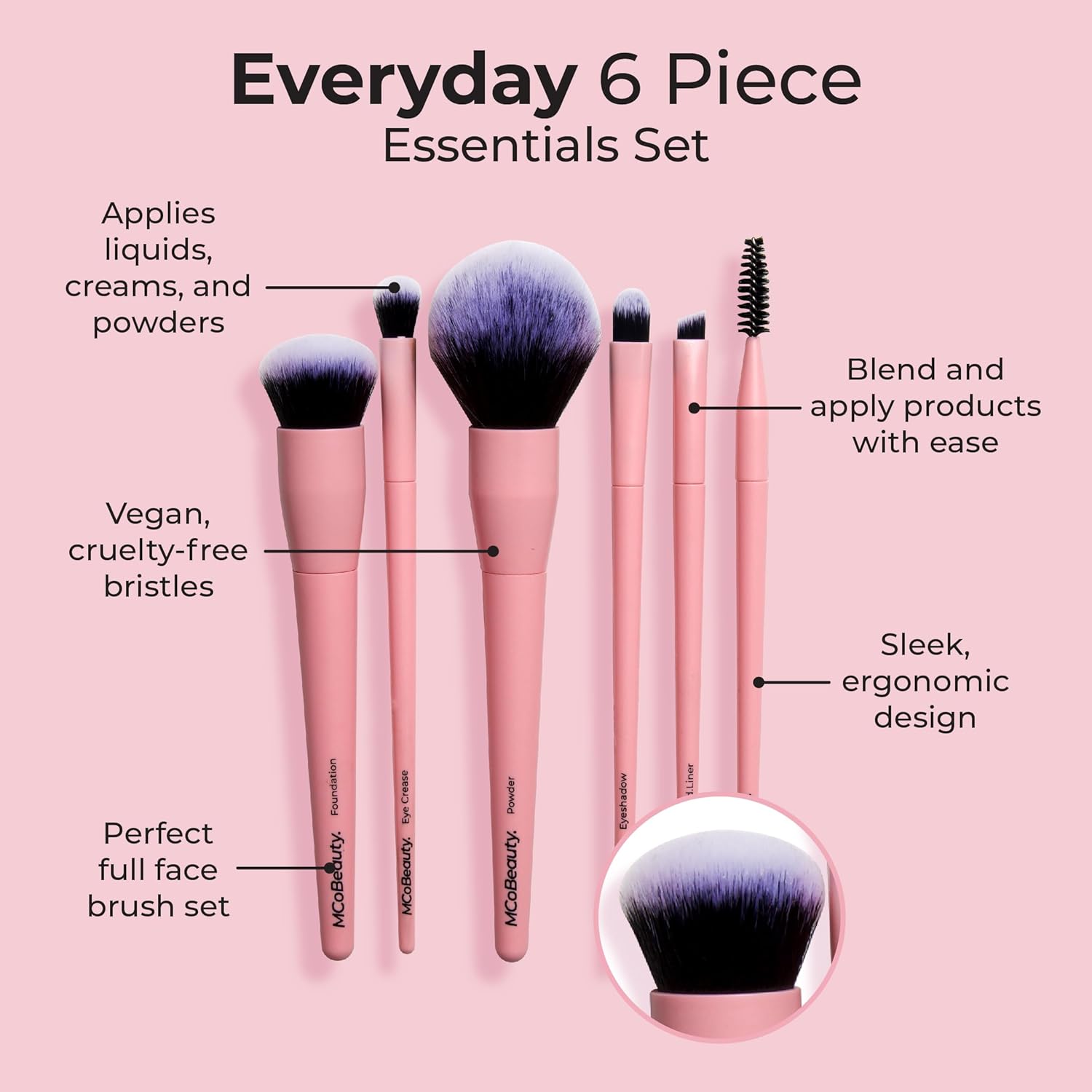 MCoBeauty - Everyday 6 Piece Essentials Brush Set - Complete Makeup Brush Collection for Face, Eyes & Brows, Soft Synthetic Bristles - Makeup Brushes Set, Brochas para Maquillaje