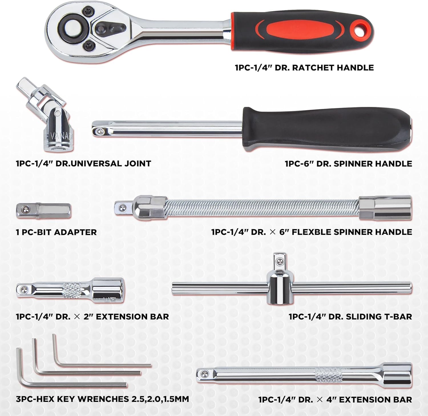 53 Items 1/4-inch Metric/6-Point/4-MM14 Ratchet Socket Wrench Set Drive, Bit Socket, Extension Bar, Universal Joint Hand tools at home Hardware Tool Kit for Auto, Motorcycle, and Repair Hex Tool Box 2