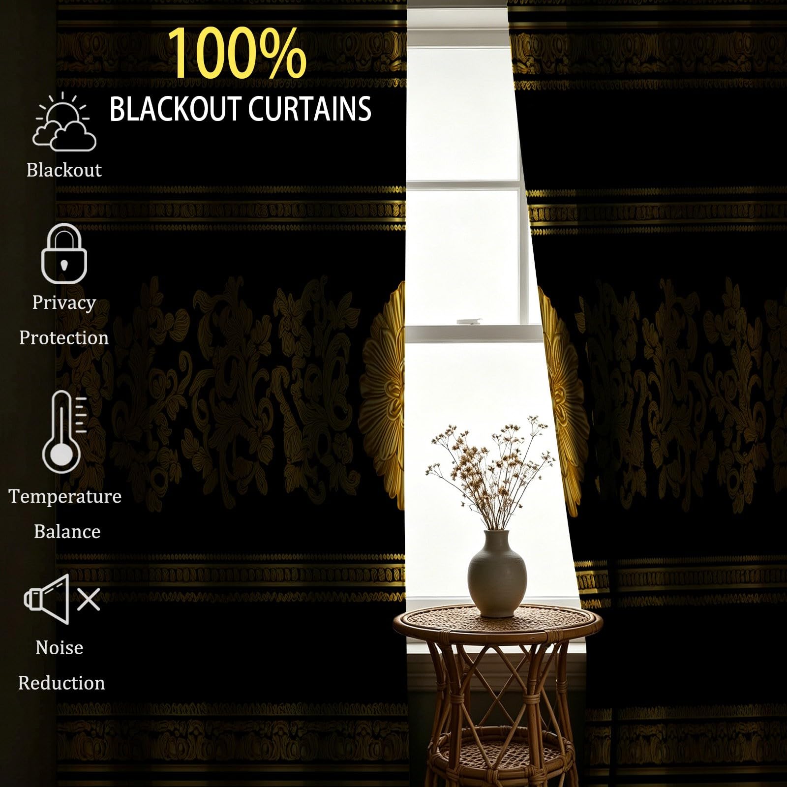 Jaune Rideau Occultant à Oeillets, Traditionnelle Rétro Luxueuse Rideaux Isolant Thermique Anti Bruit, Protection de la Vie Privée Décoration Rideau pour Chambre à Coucher 140 x 260 cm, 2 Pièces