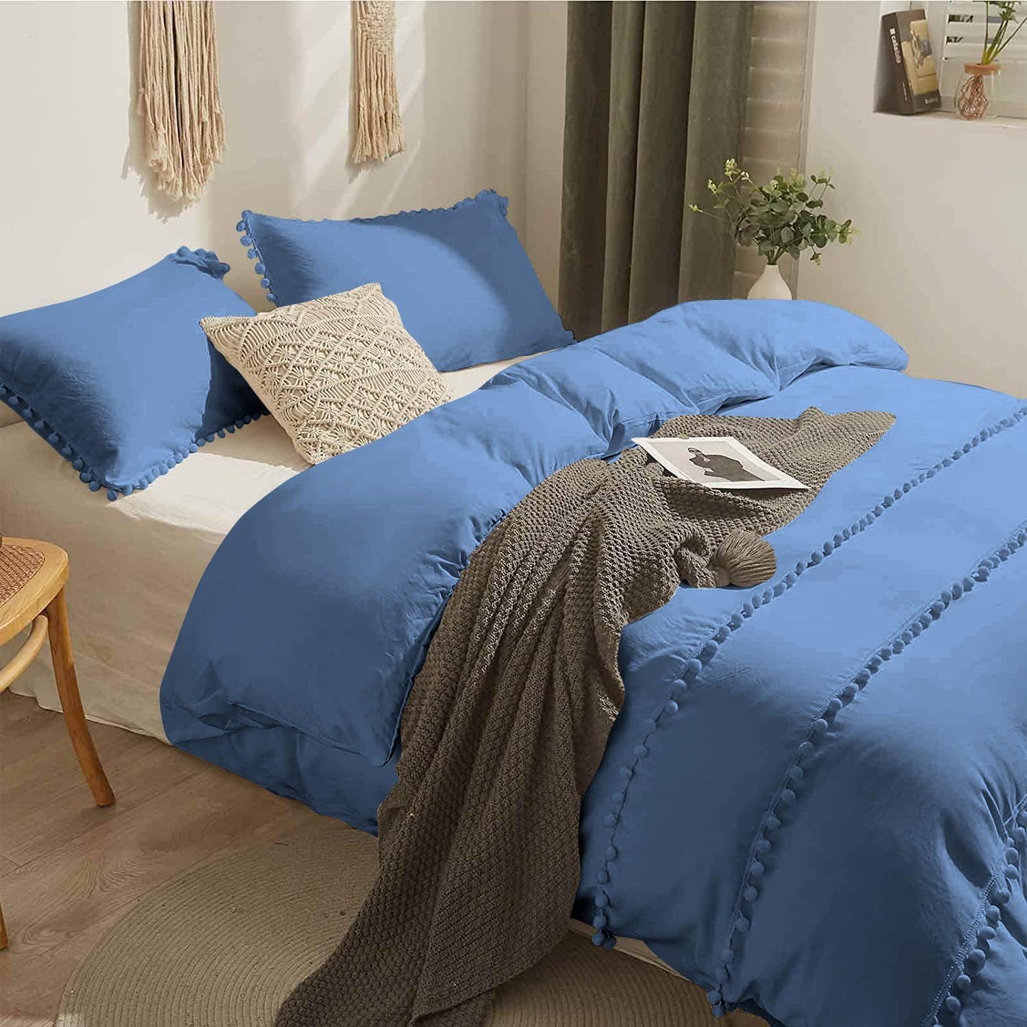 Tony's Textiles 5 Piece Boho Chic Pom Pom Comforter, All Season Down Alternative Bedding Comforter with 4 Pillow Shams (King/California King Size, Medium Blue) 1000 Thread Count | 550 GSM Filling
