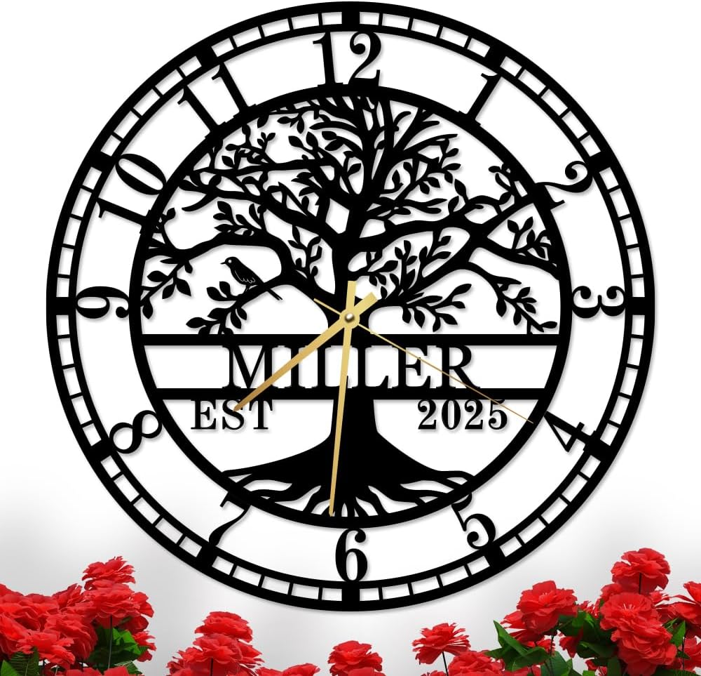 Personalized Tree of Life Large Wall Clock, Custom Wall Clock with Family Last Name and Established Date, Silent Metal Clocks, Regular Numerals Clock, Housewarming Gift