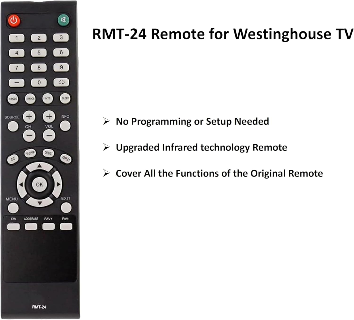 UBay RMT-24 remote control with text indicating no programming needed