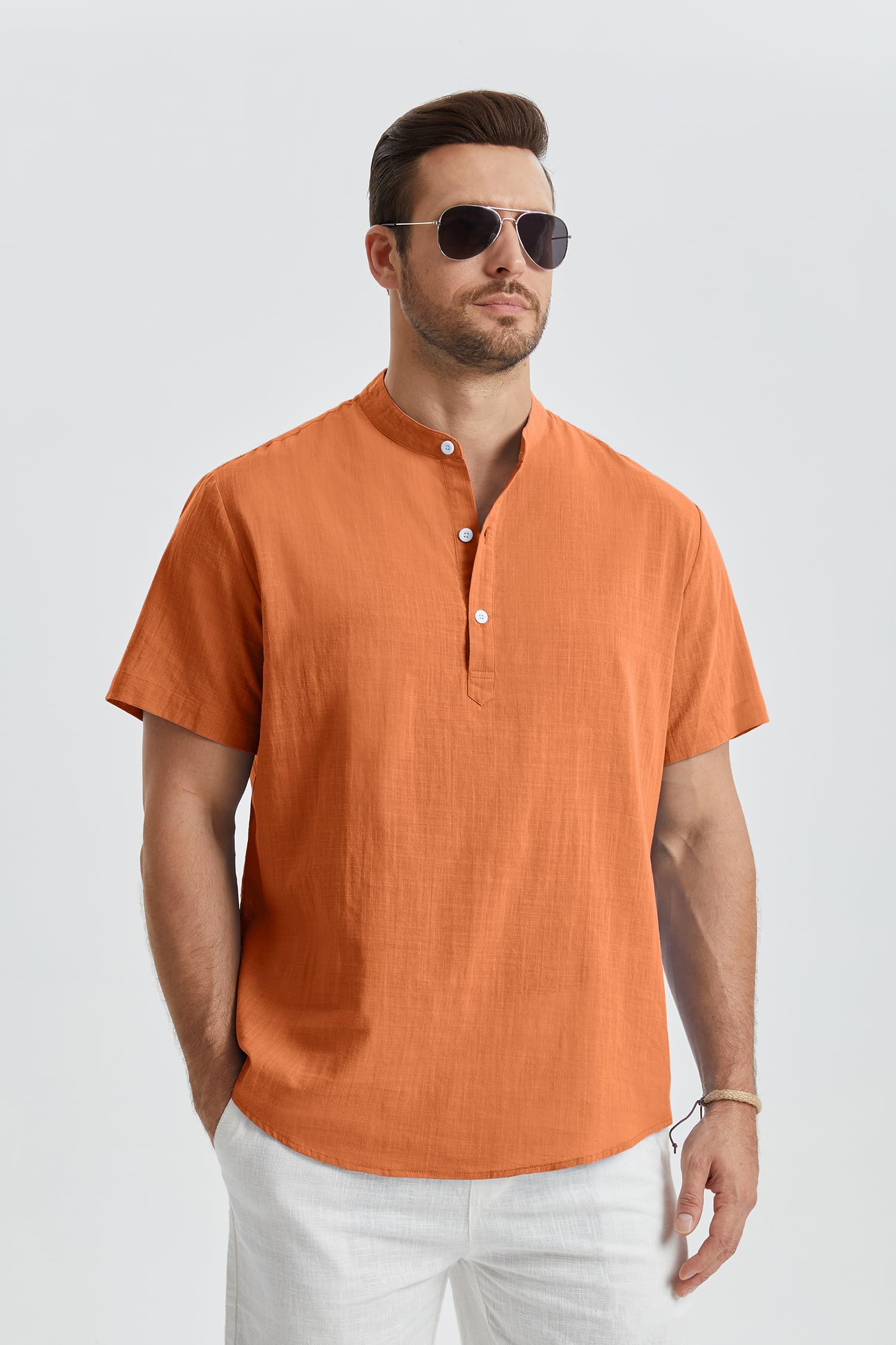 Enlision Chemise Lin Homme Manches Courtes Col Mao Chemise Été Hommes Leger en Coton Lin Chemise de Plage Classique Casual Henley Shirt S-4XL