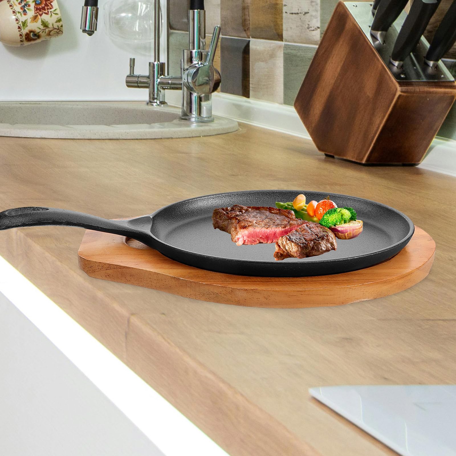 INOOMP Sartén de Hierro Fundido con Mango Único y Base de Madera, Multifuncional y Fácil de Limpiar para Uso Diario en Cocina del Hogar