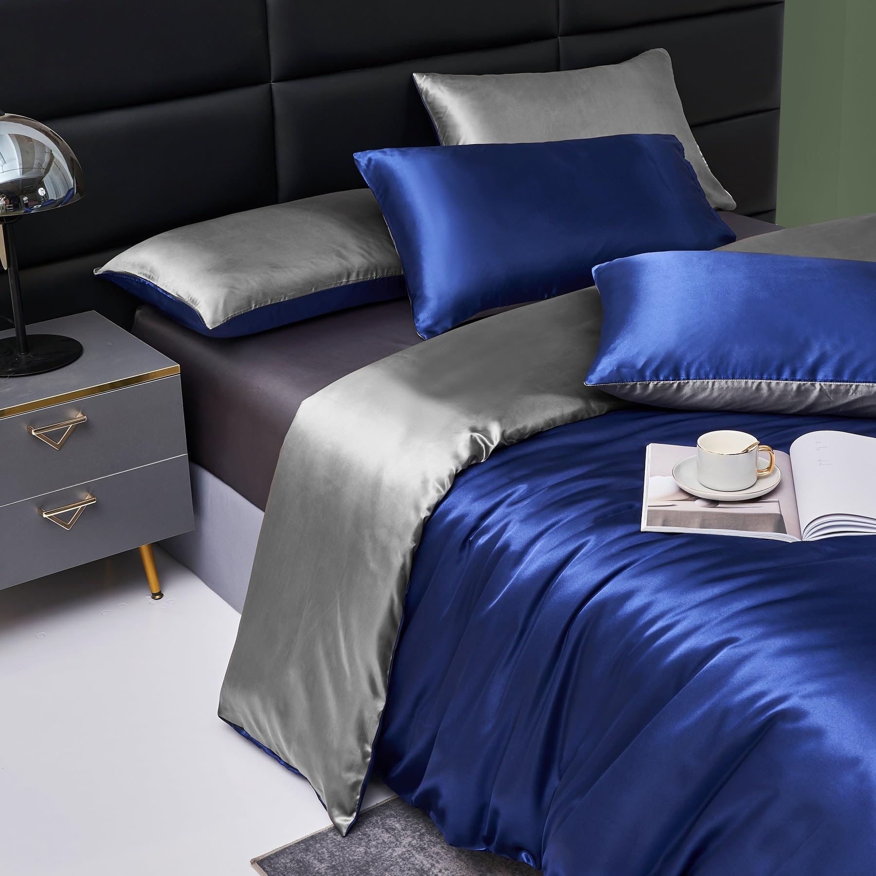 Parure de lit en satin 200x220 Bleu foncé gris Wendebettwäsche Deluxe soie satin lisse brillant doux satin 3 pièces avec fermeture éclair et 2 taies d'oreiller 80x80 cm
