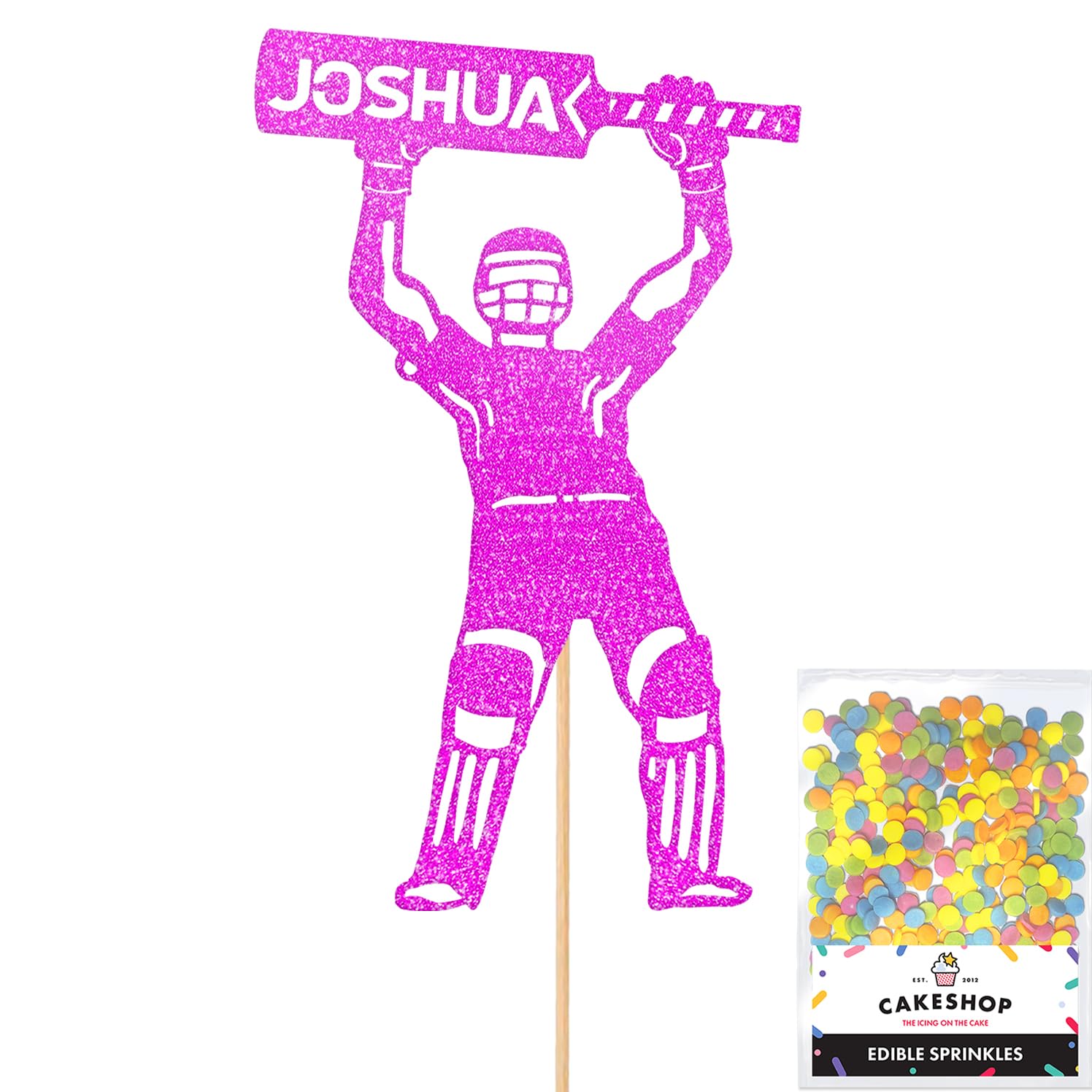 Personalised Cricket Batsmanl Glitter Cake Topper - Pink Custom Name Glitter Cake Decoration and Sprinkles - Happy Birthday Decorations - Personalised Toppers for Cakes by Cakeshop