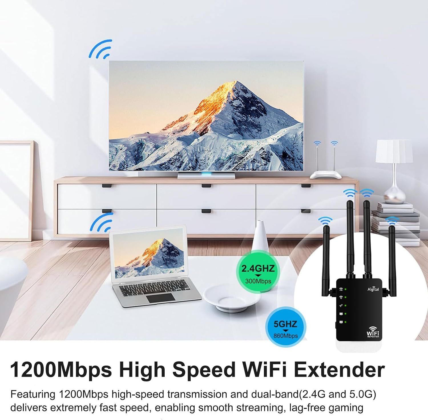 1.2Gbps WiFi Extender Signal Booster, Long Range AC1200 WiFi Booster Dual Band 5GHz /2.4GHz WiFi Repeater Support Onemesh, WPS Setup, 2 Ethernet Ports,Covers Up to 2800 Sq.ft and 45+ Devices