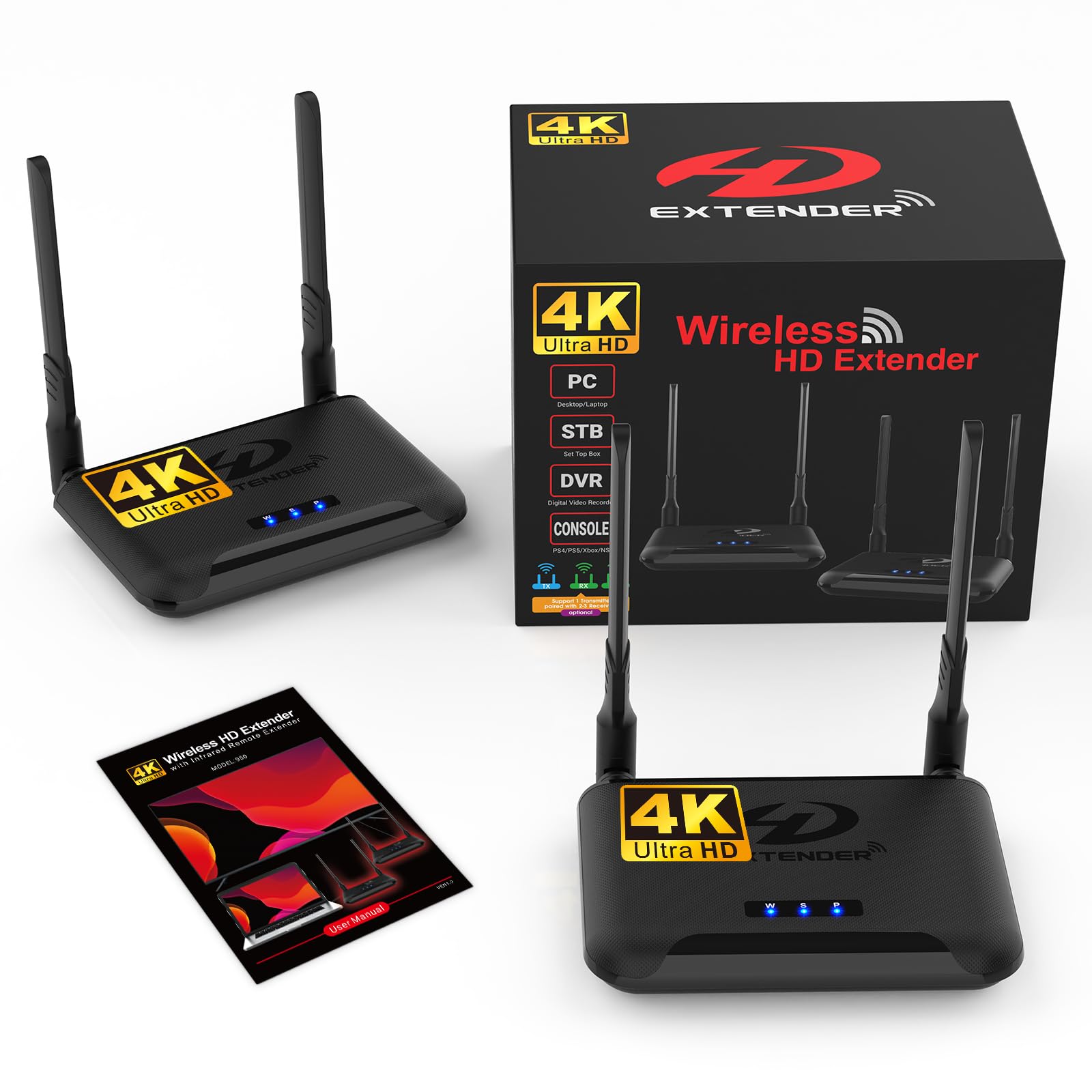 Draadloze HDMI-zender en ontvanger, 4K input ondersteund, 492FT bereik, plug and play 2.4G/5G draadloze HDMI Extender Kit voor video en audio transmissie voor laptop/pc etc. Geen app/Bluetooth nodig
