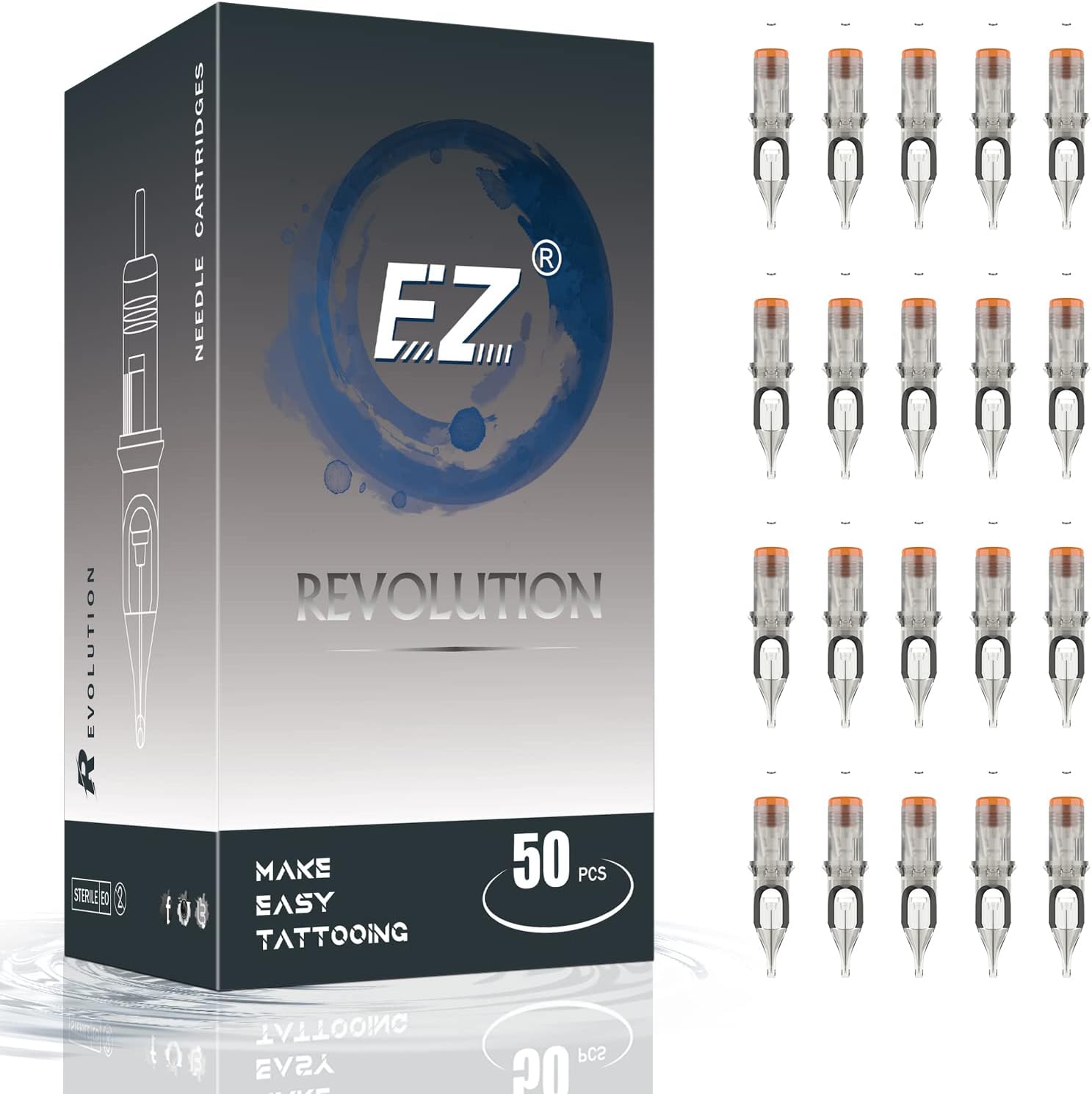EZ Tattoo Cartridge Needles Assorted - 50Pcs #12 Mixed (3RS 5RS 7RS 9RS 11RS) Standard Round Shader Tattoo Needle Cartridges for Tattooing Rotary Tattoo Pen Machine Supply - Revolution