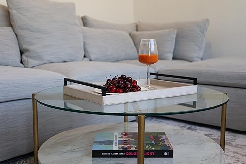 Miniatura 3 de Sagala - Bandeja de servicio Shagreen marfil para otomana, bandeja decorativa de madera de piel sintética con mango negro para mesa de café, mesa de