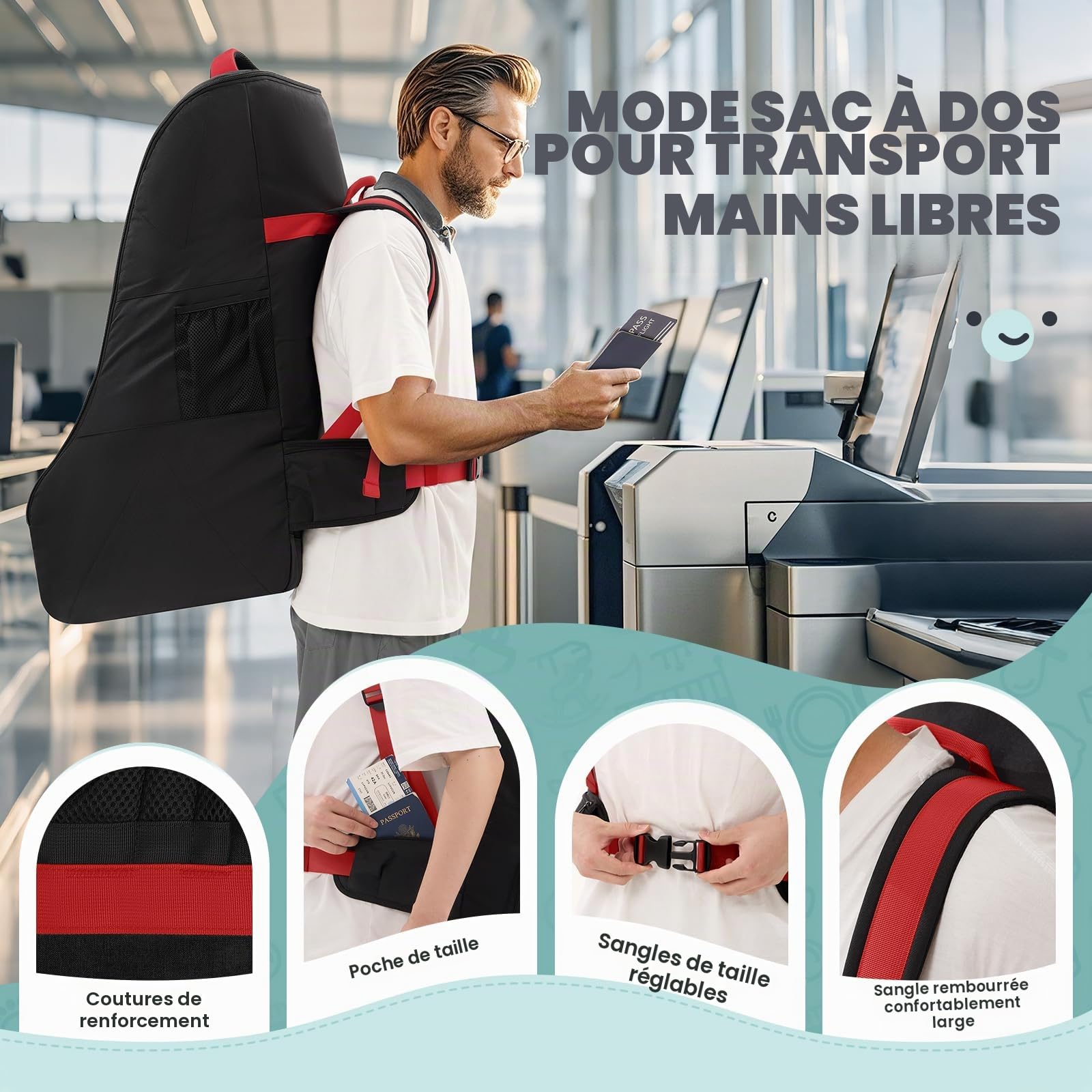 RAINSMORE Sac de Voyage pour siège de Voiture, Sac à Dos pour siège Auto, Housse Poussette Avion Rembourrée, Sacs de Siège Auto pour Bébé Étanches et Durables pour Avion Voyage