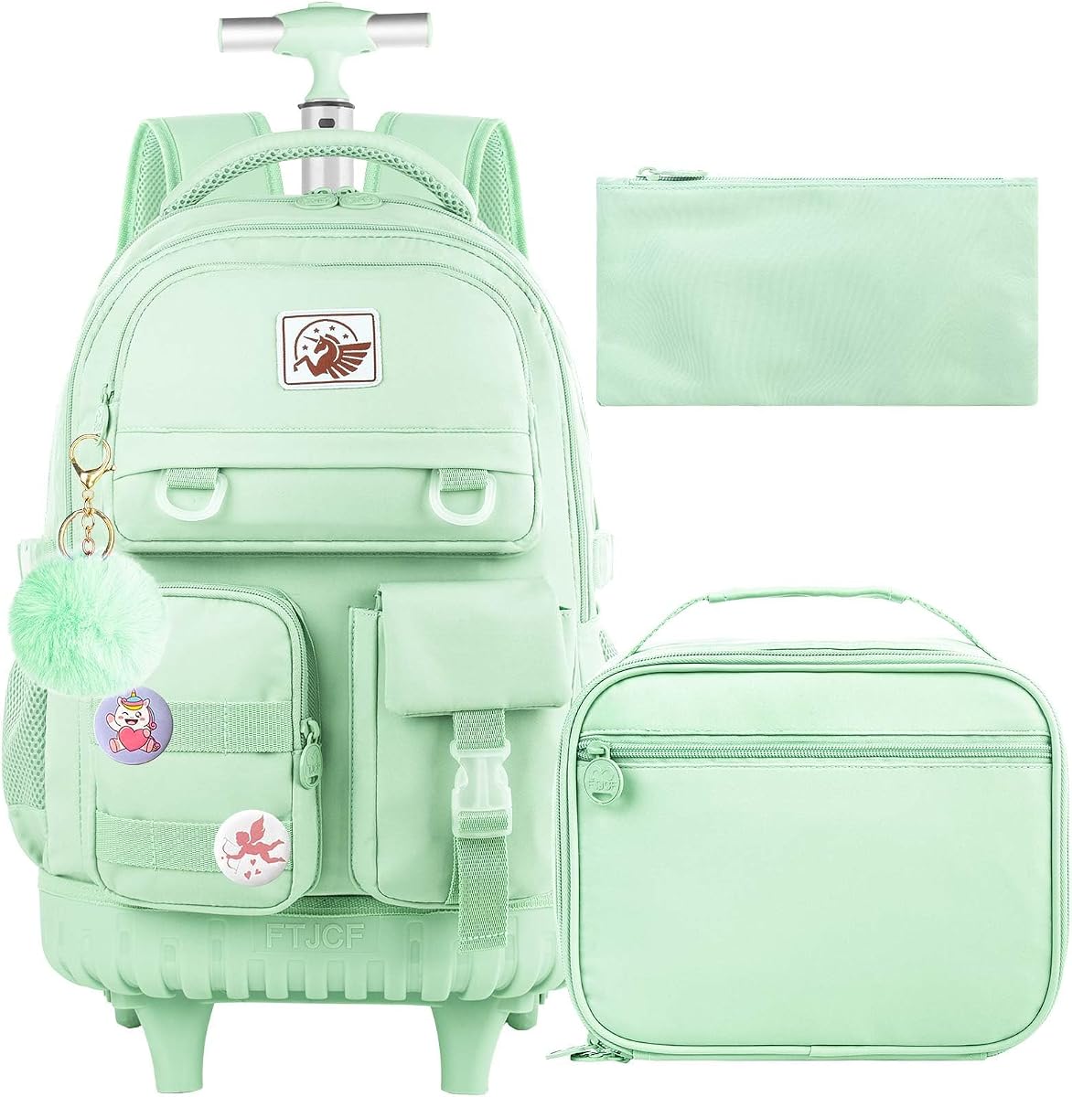Rolling Backpack for Women, 21 inch Roller Wheels Backpacks with Lunch Bag, Water Resistant Wheeled Bookbag for Teens Girls Travel Elementary - Green
