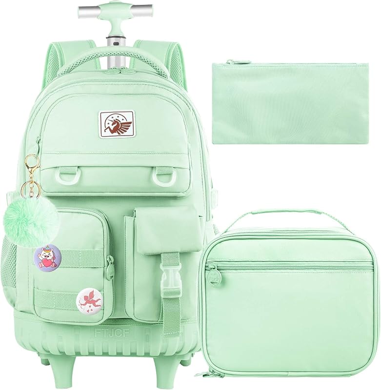 Rolling Backpack for Women, 21 inch Roller Wheels Backpacks with Lunch Bag, Water Resistant Wheeled Bookbag for Teens Girls Travel Elementary - Green