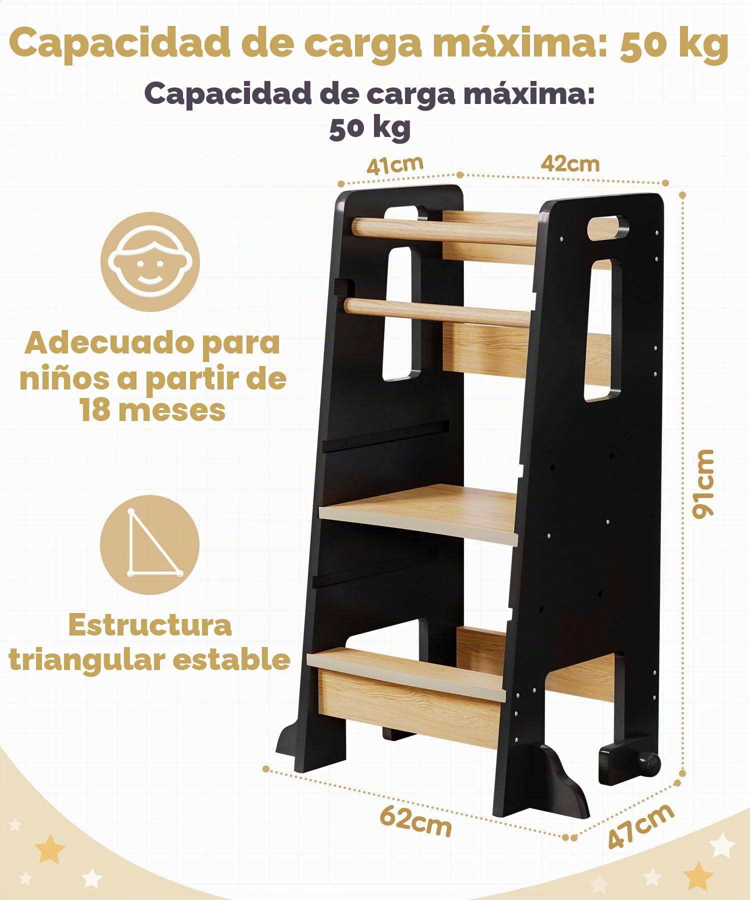Yorbay Torre de aprendizaje Montessori a partir de 1 año: 3 alturas ajustables, torre de aprendizaje Montessori con protección antivuelco, sólida y elegante para niños, para cocina y baño