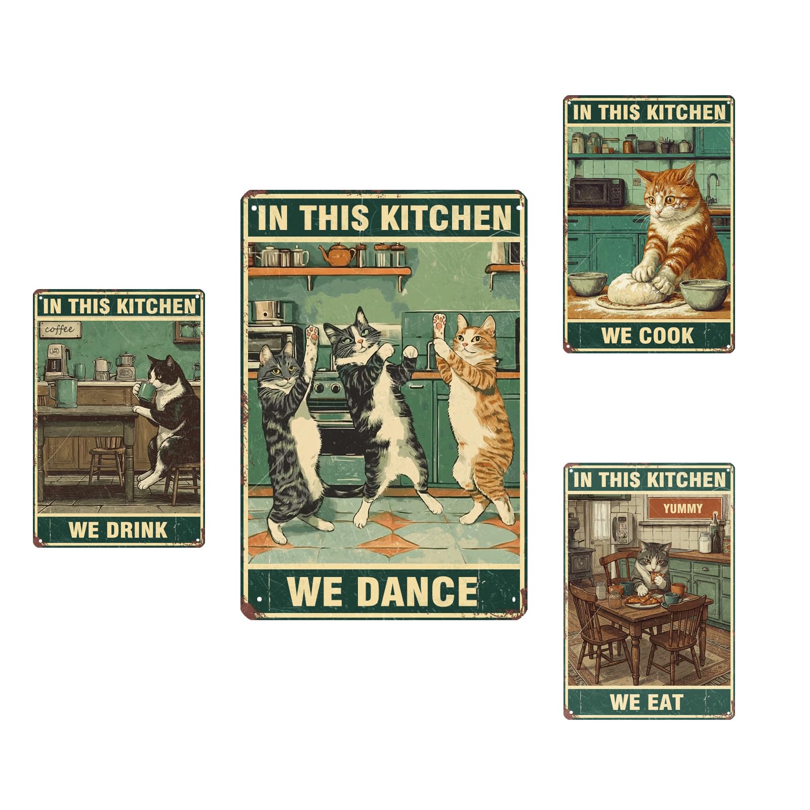 Gudaci Funny Cat Kitchen Wall Decor Set of 4 – “We Eat, We Drink, We Cook, We Dance” Vintage Metal Tin Signs for Kitchen, Coffee Bar or Dining Room, Gift for Cat Lovers