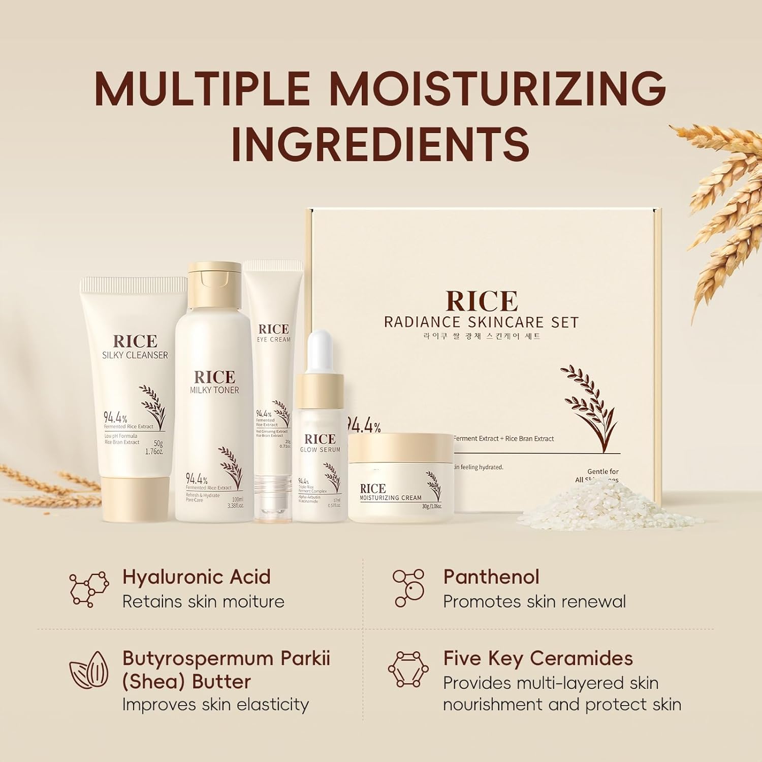 Moisturizing Korean Rice Skin Care Set – Radiance Skincare 5-Step Routine with Rice Cleanser, Toner, Serum, Face Cream, Eye Cream, Hyaluronic Acid & Ceramides for Glowing Skin, All Skin Types - Image 4