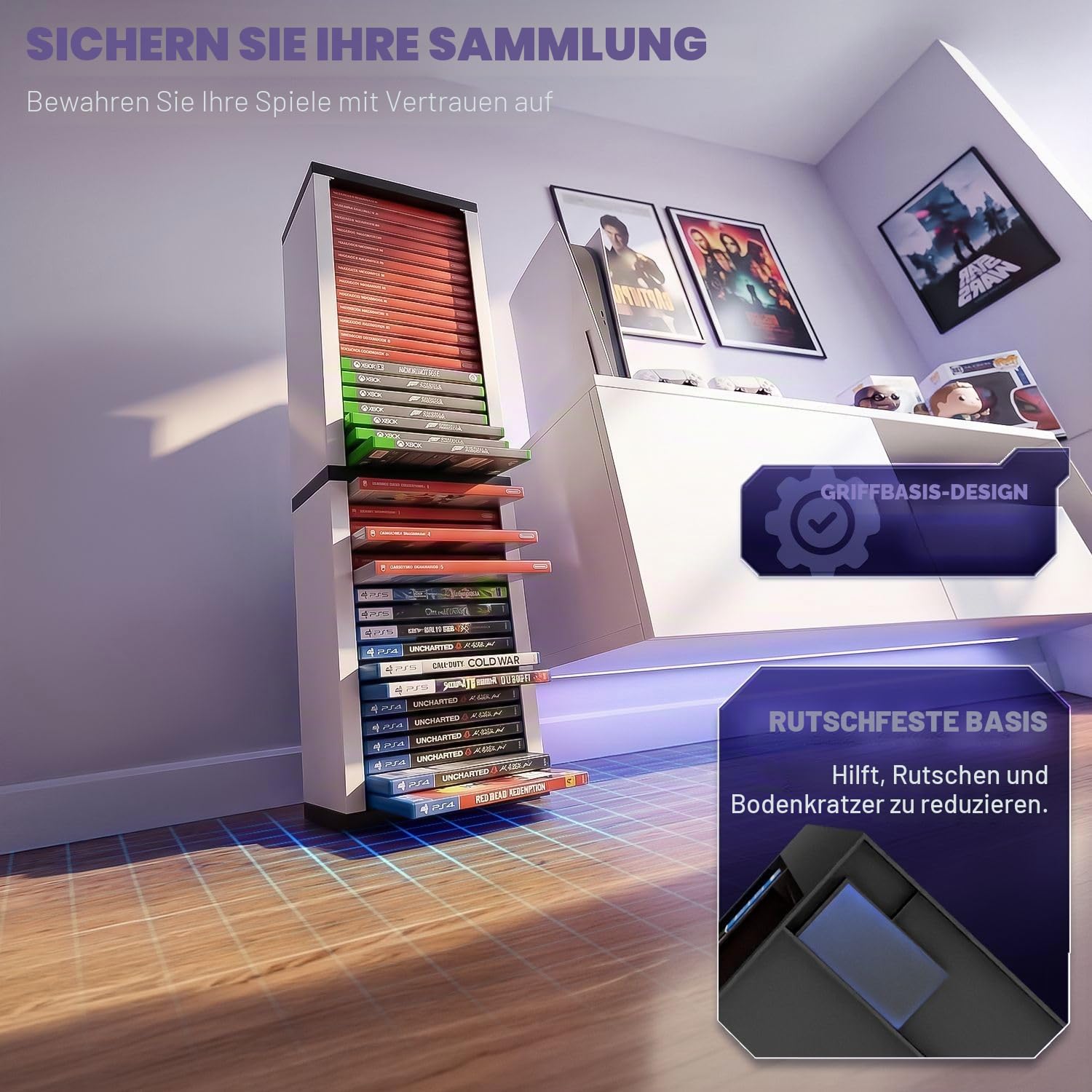 TNP Videospiel-Aufbewahrungsturm (36 CDs, Blu-ray-Hülle), Universal-DVD-Halterung, Regal, Ständer, vertikaler Organizer für Nintendo Switch, PS5, Playstation 4, Xbox Filme
