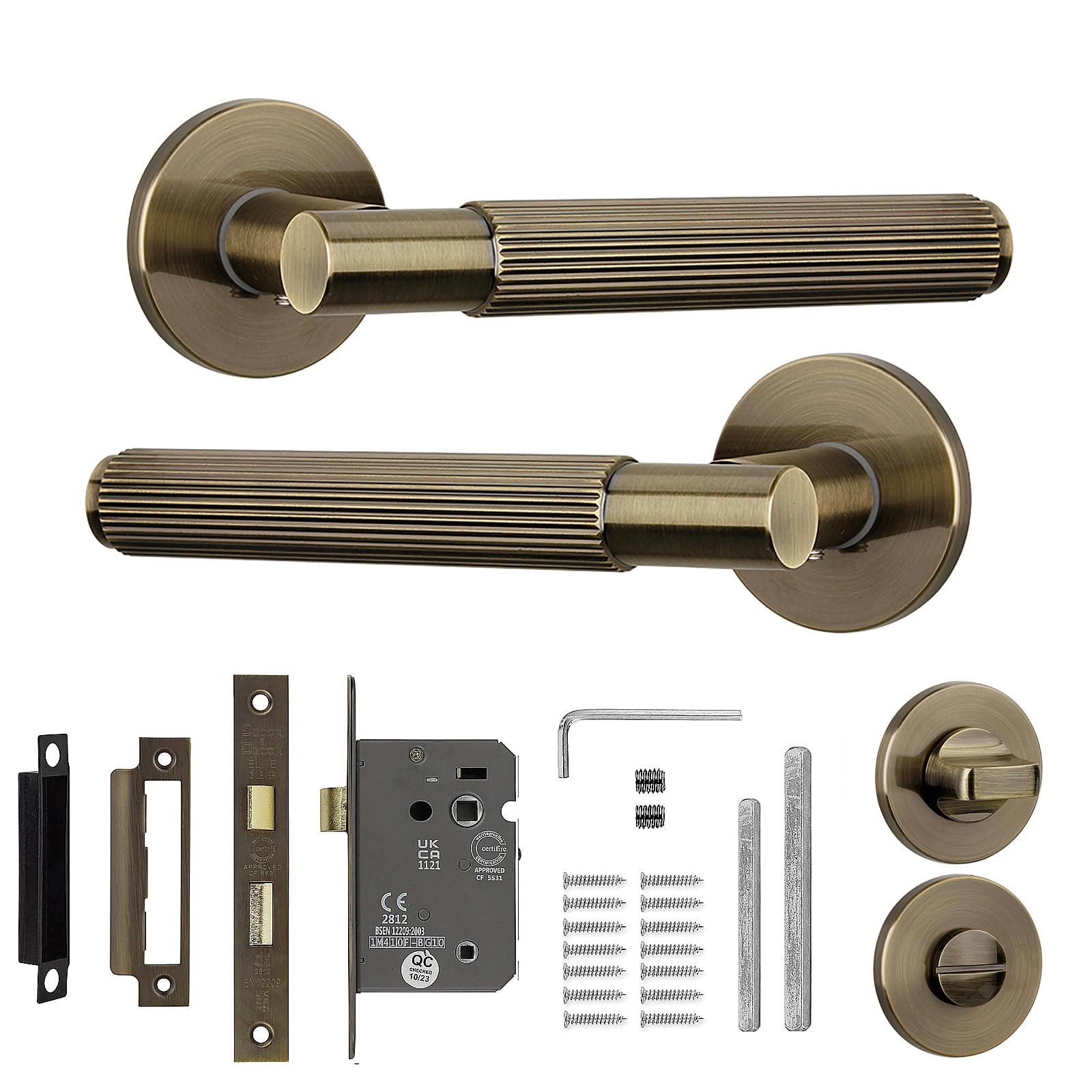 Decoranddecor Hera Antique Brass Internal Door Handles - Aluminium Handle Sets with Bathroom Lock and Turn Release - Elegant and Durable Design for Wooden Interior Doors in Homes and Offices