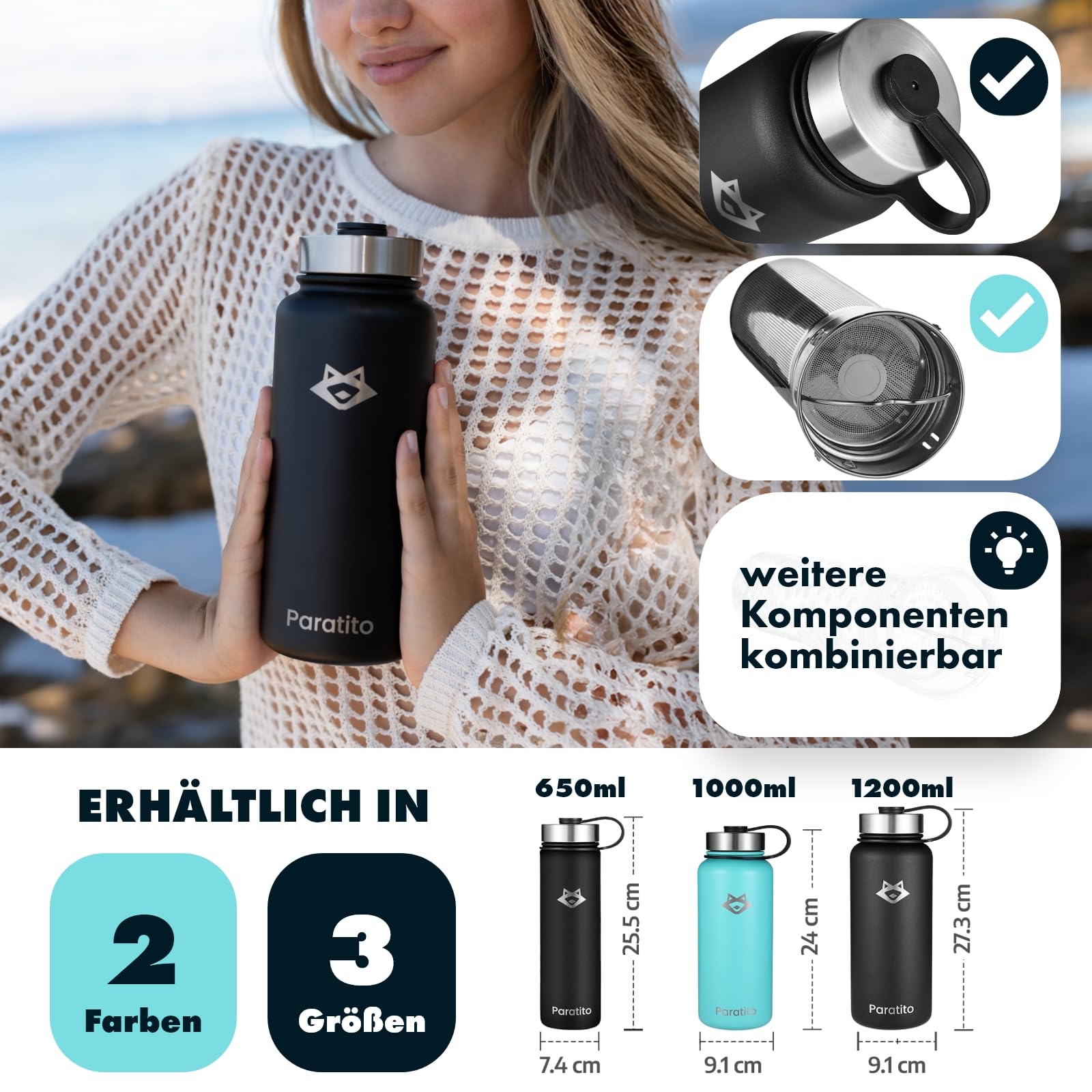 Teeflasche mit Sieb 1L – Auslaufsichere, spülmaschinenfeste Edelstahl Trinkflasche 1l (Isolierflasche) mit Teesieb für losen Tee to Go; Thermosflasche 1l für Kaffee, Camping -Schwarz
