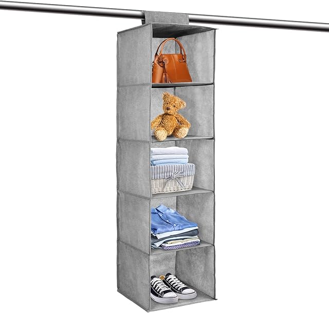 YORKING Hanging Wardrobe Storage Organiser 5 Tier Hanging Shelves 27cm x 27cm x 100cm Cupboard Wardrobe Closet Storage Shelves Drawer Shelves Bedroom Storage Solutions for Shoes Clothes (Gray)