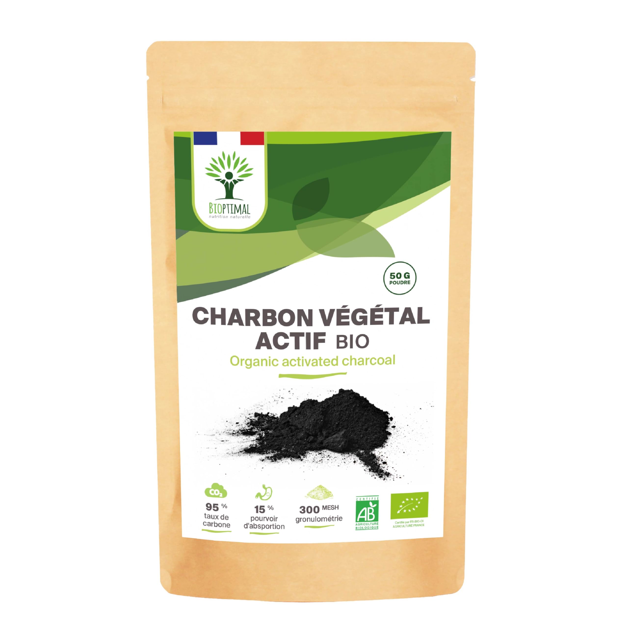 BIOPTIMAL - Charbon Végétal Actif Bio en Poudre - Digestion Santé intestinale - Ingrédient pour Pâtisserie ou Cosmétique - Dents blanches Masque - Fabrication et Origine France - 50g