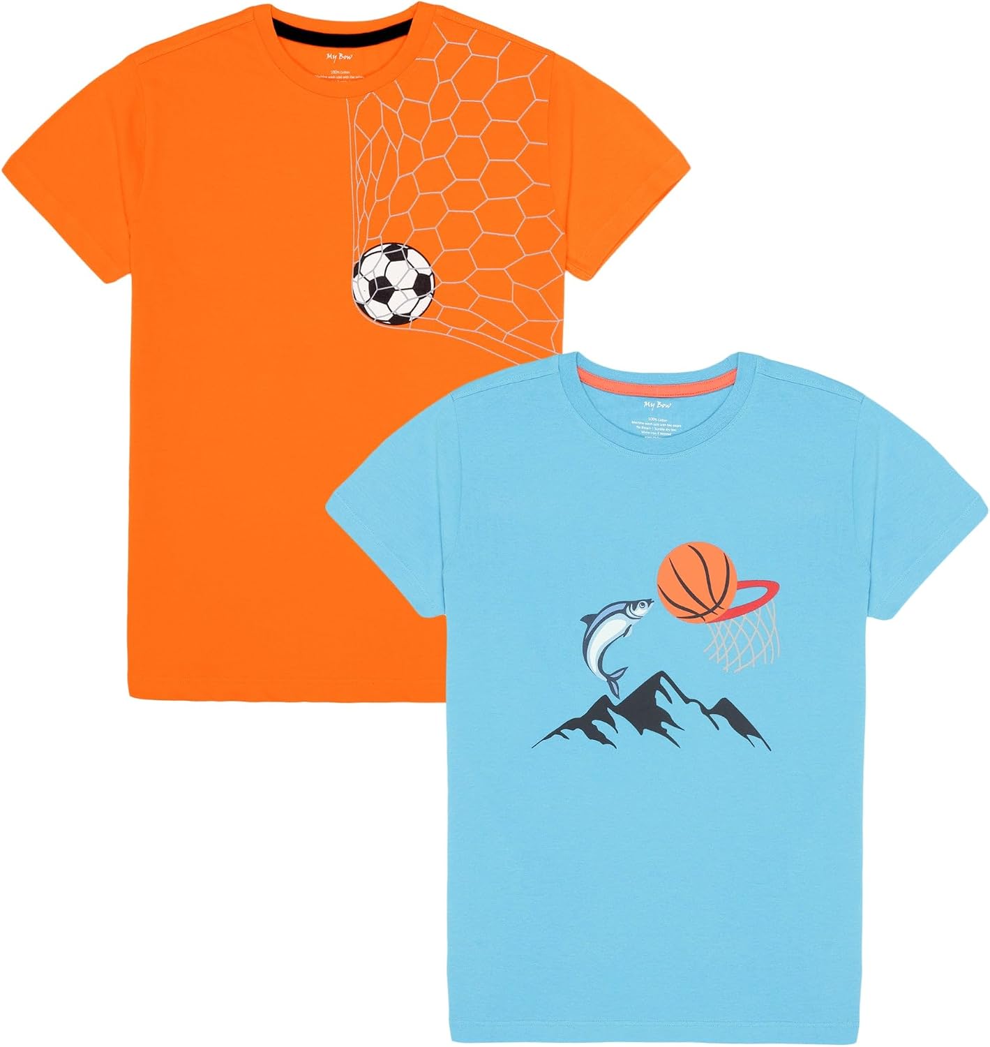 Sports T Shirt, Cotton, Soccer Ball and Basketball Print, Blue & Orange Color, Short Sleeve, 2 Pack Combo, Boys Girls, Ages 4-14 Years, 10-12 Years