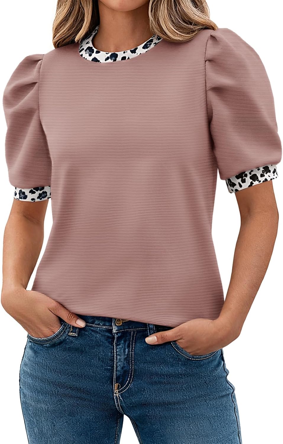 Tankaneo Womens Puff Short Sleeve Tops 2026 Summer Dressy Casual Crew Neck Work Blouses Leopard Loose Fit T Shirt