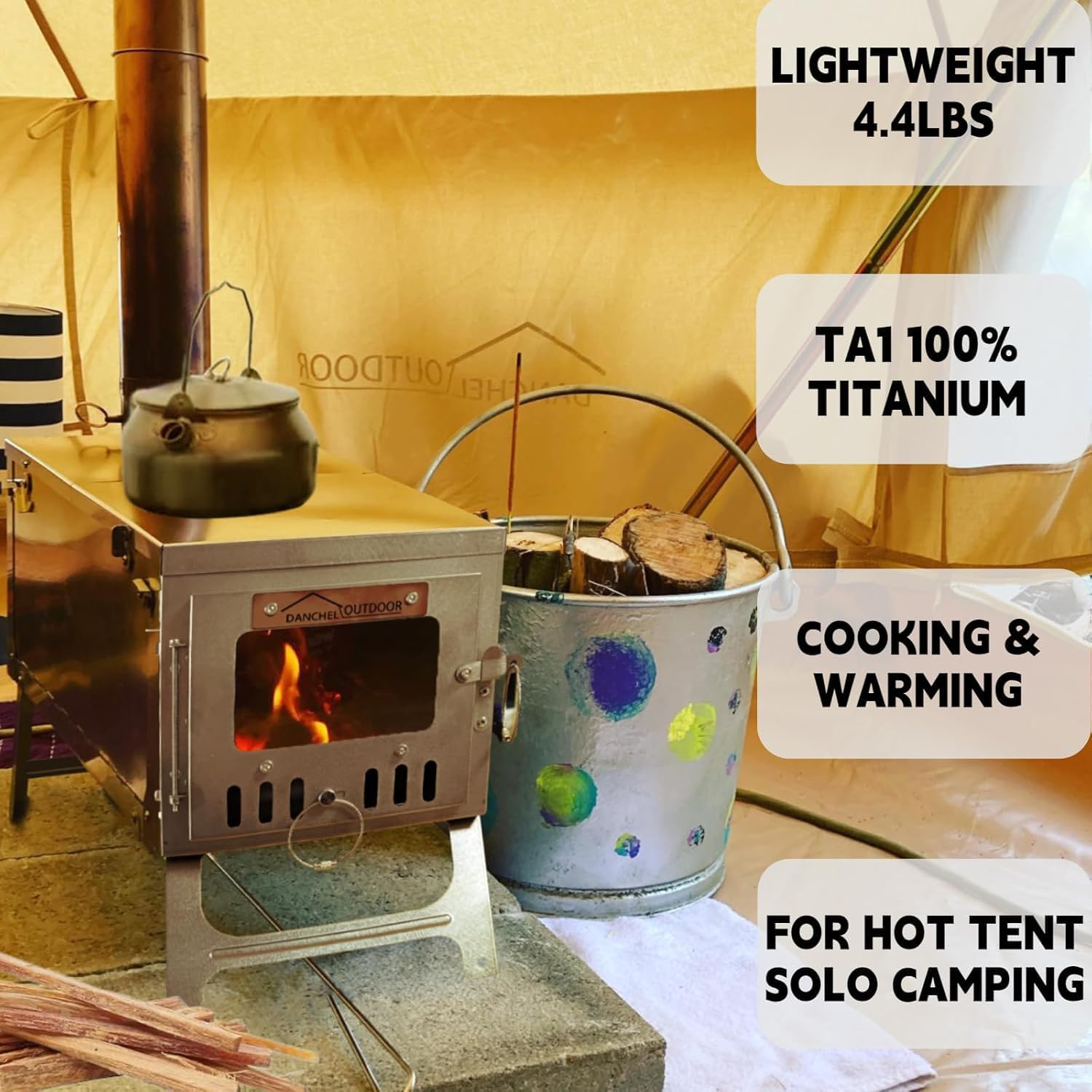 DANCHEL OUTDOOR Backpacking Hot Tent w/Stove Jack, Portable Tipi Tent with T6 Titanium Folding Wood Stove for 1-4 Person Winter Camping Hunting,3m/4m