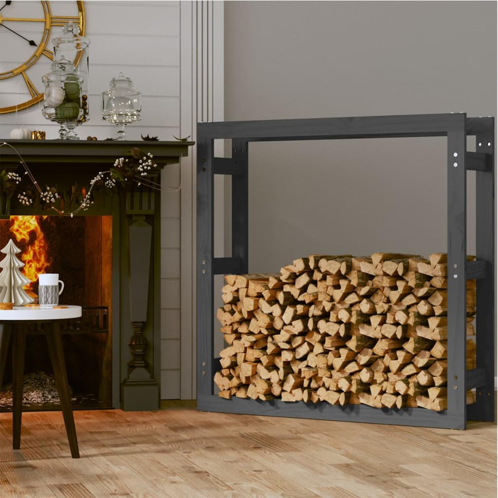 Kaminholzregal aus massivem Kiefernholz, rustikal-grau, 100 x 25 x 100 cm – Brennholzlager mit Luftzirkulation für trockenes Holz, ideal neben Kamin, Ofen, im Wohnzimmer, Gartenhaus oder Keller