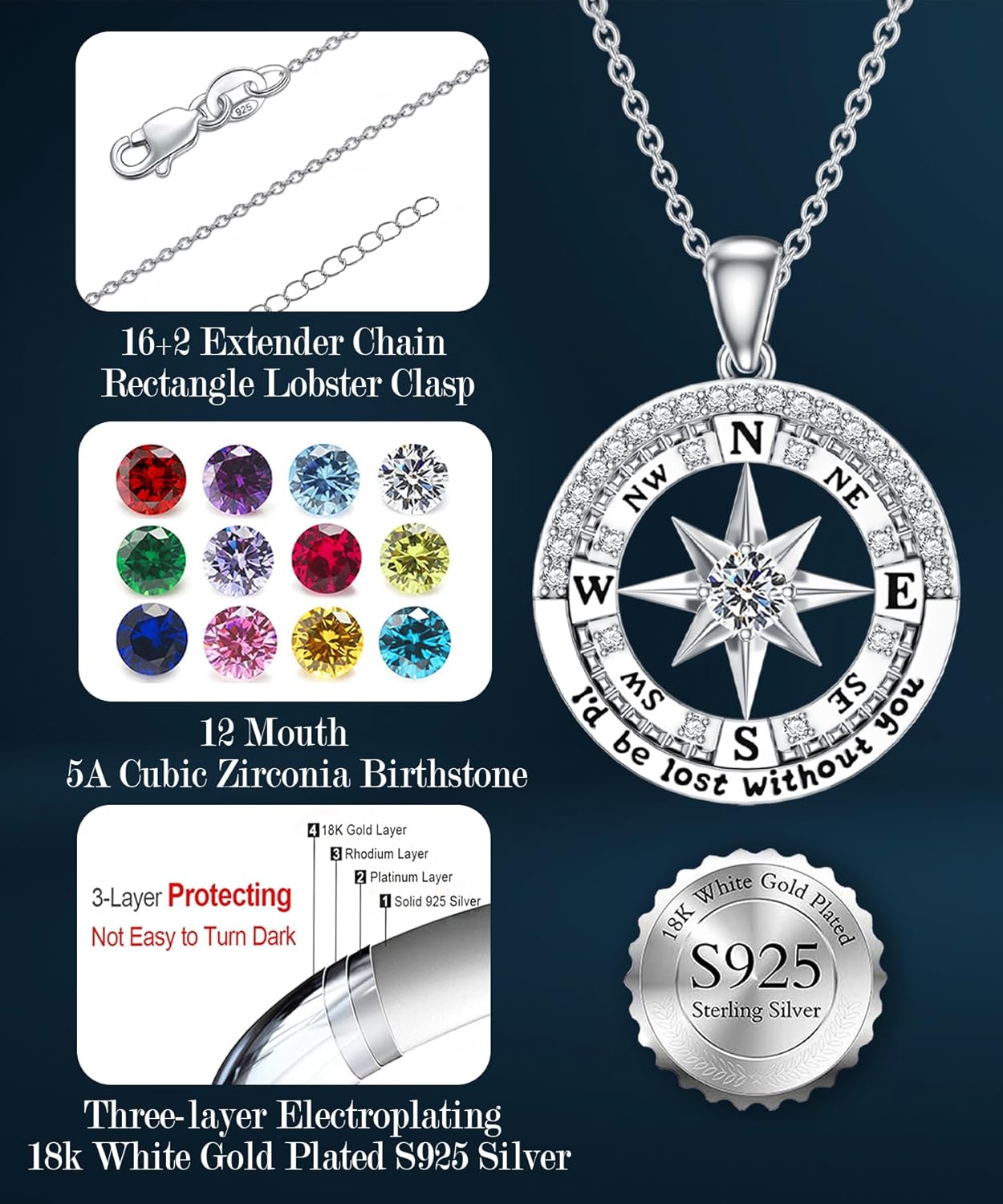 Compass Birthstone Necklace Gift for 2025 Graduation 925 Sterling Silver Compass ‘I'd be Lost Without You’ Pendant Necklaces Jewelry for Women Her Wife Gift for Birthday Anniversary
