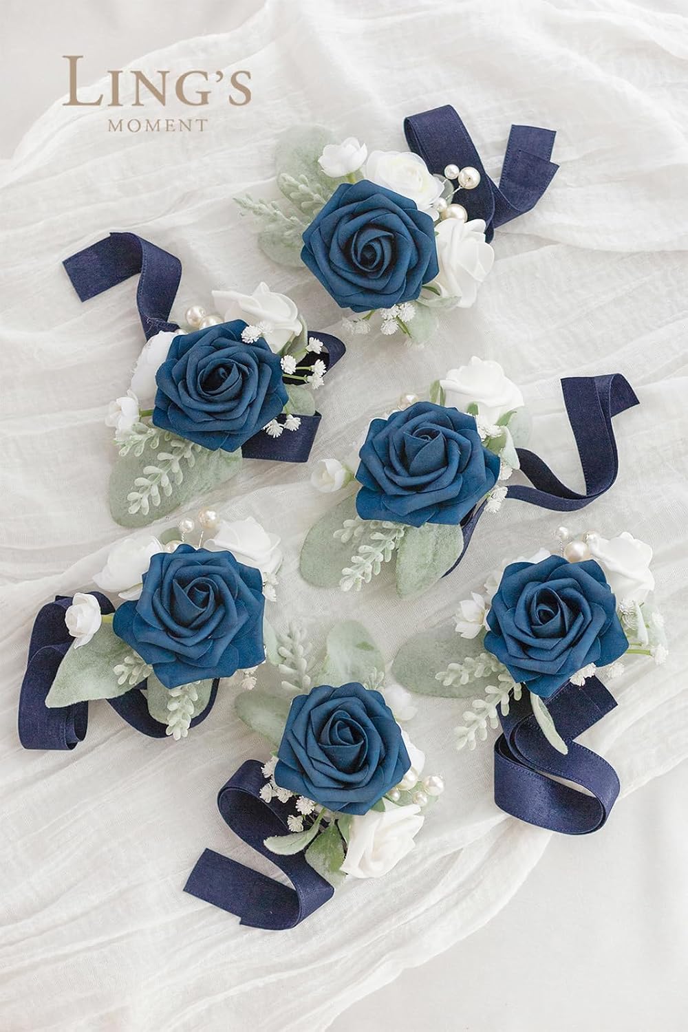 Ling's Moment Pre-Arranged Wedding Flower Packages in Dusty Blue & Navy, Boutonnieres & Wrist Corsages Package(Set of 12)