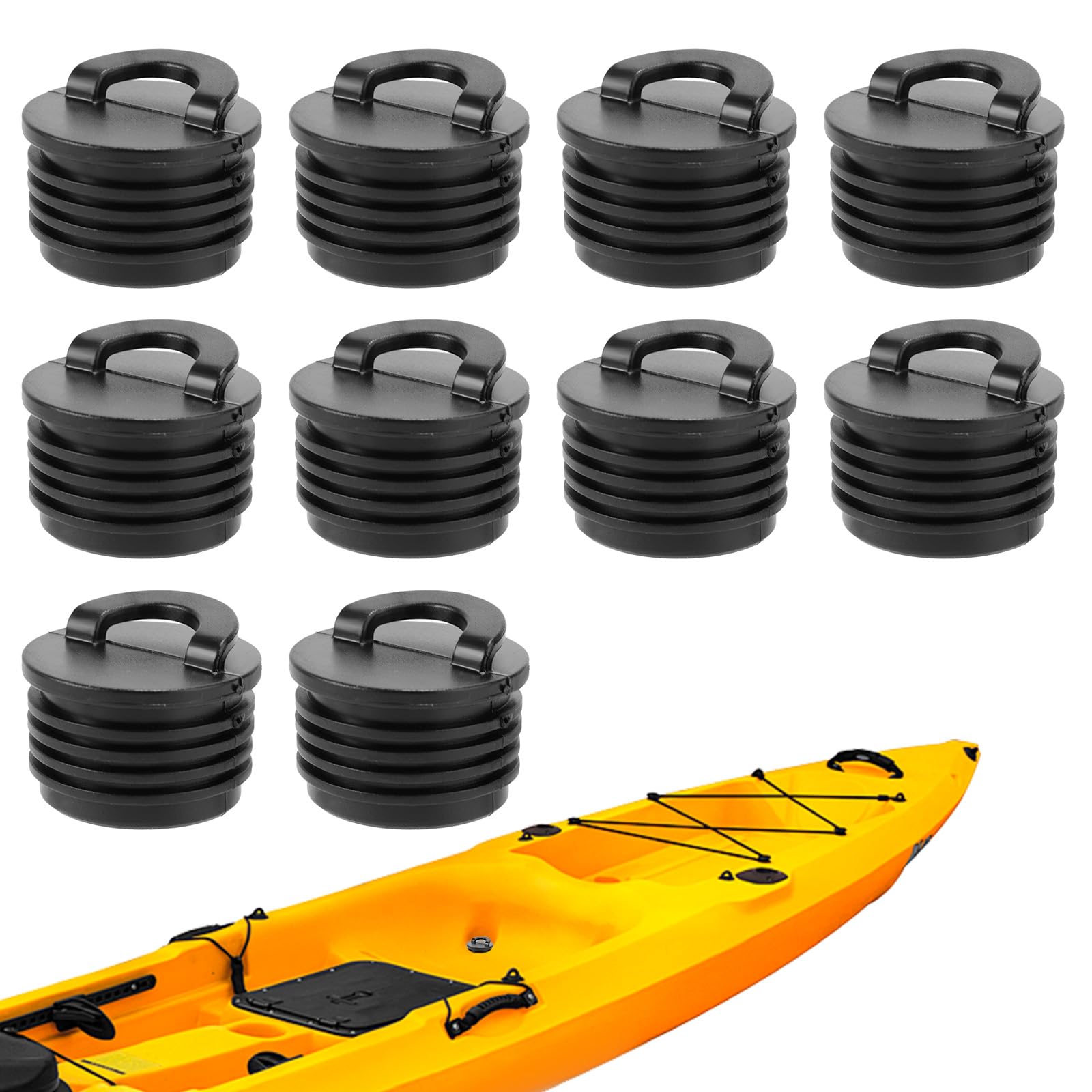 10pcs Kayak Scupper Plug Kit, Universal Rubber Scupper Plugs with Reinforced Handle & Rib Design Watertight Push-in Drain Hole Stoppers for Sit-On-Top Kayaks Canoes Boats (Black)